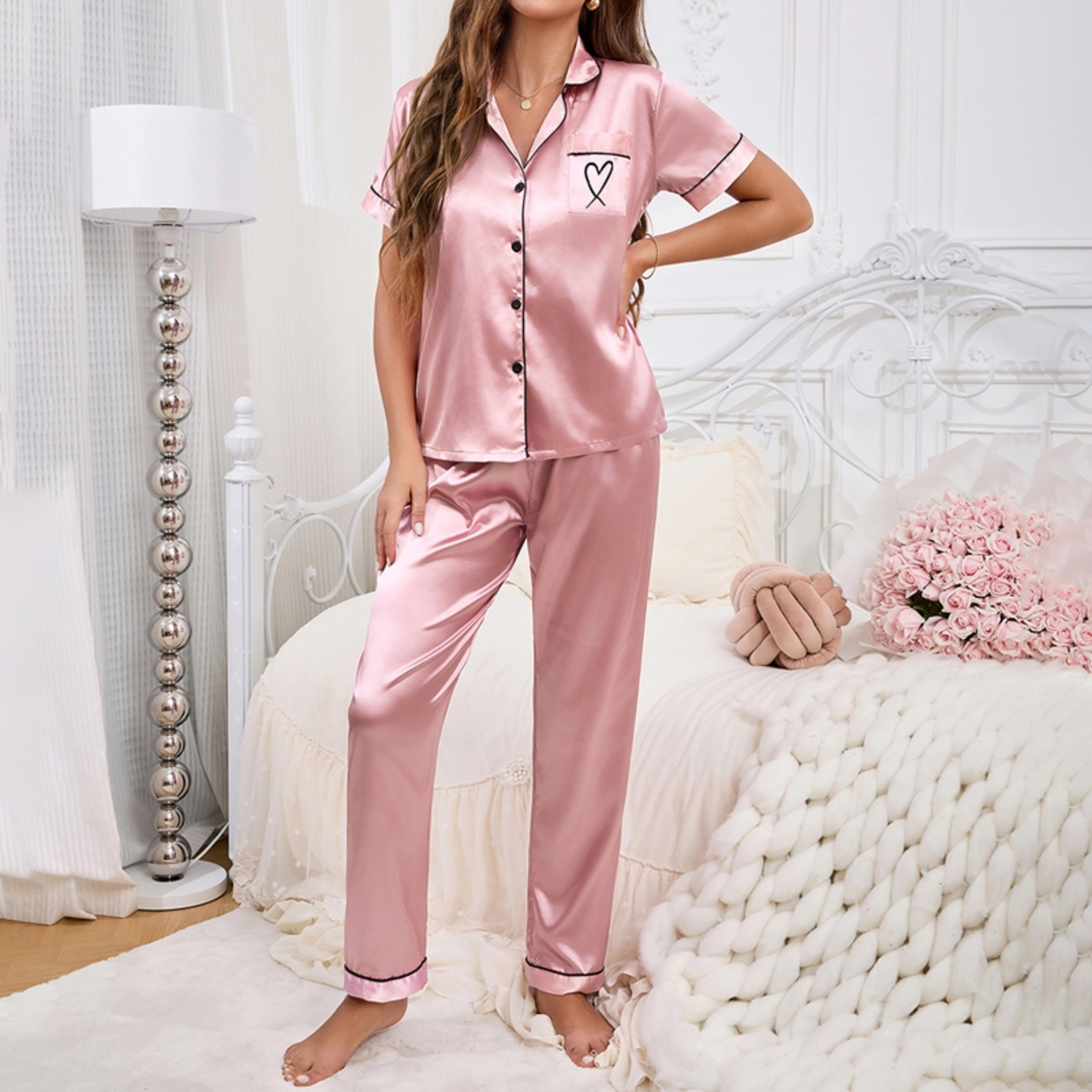 Autumn Womens Pajamas Sets Short Sleeve ButtonDown Pj Set Satin Loungewear Sleepwear Top  Pants Com 1