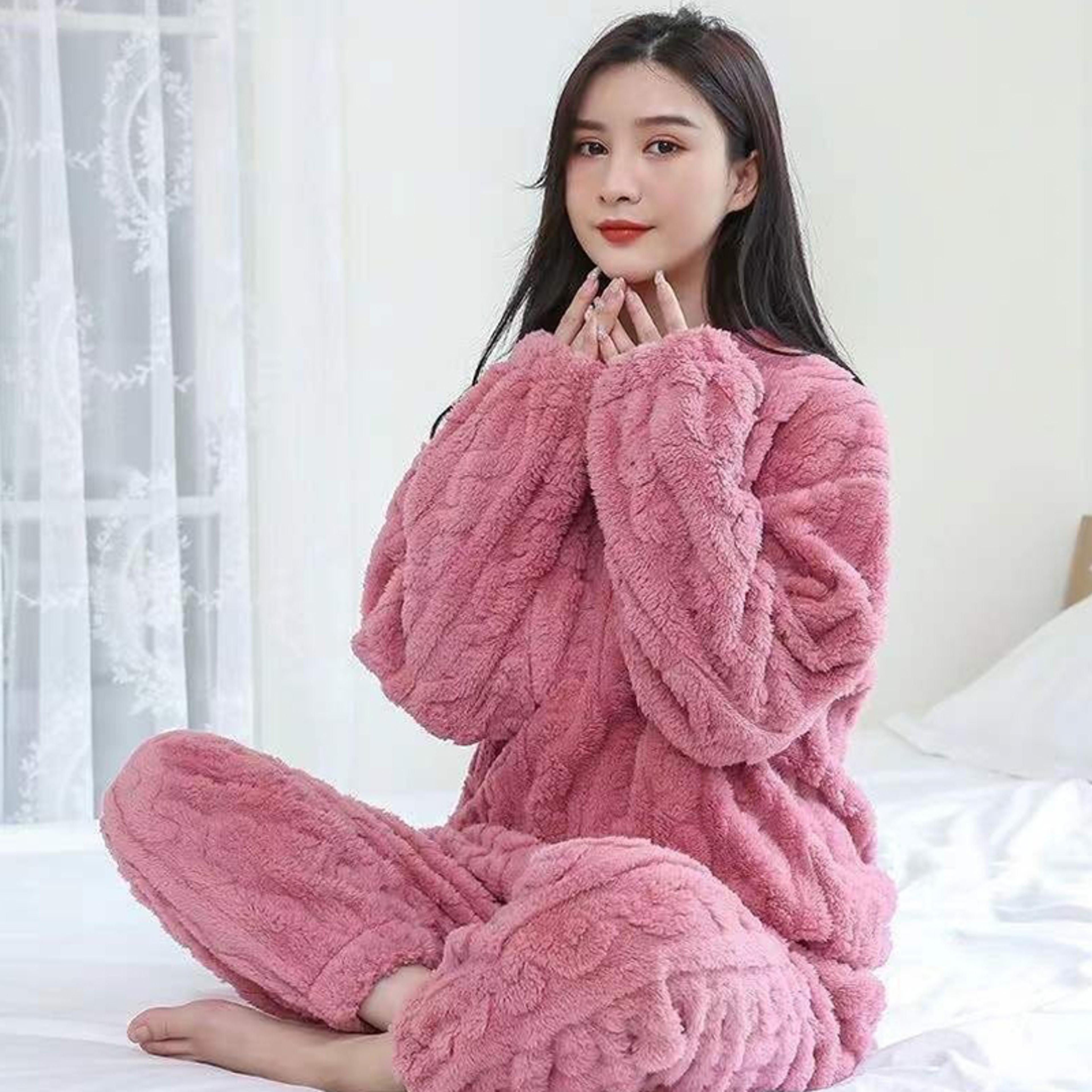 Women Casual Pajama Sets Autumn Solid Warm Thicken Velvet Ribbed Fleece Set 2
