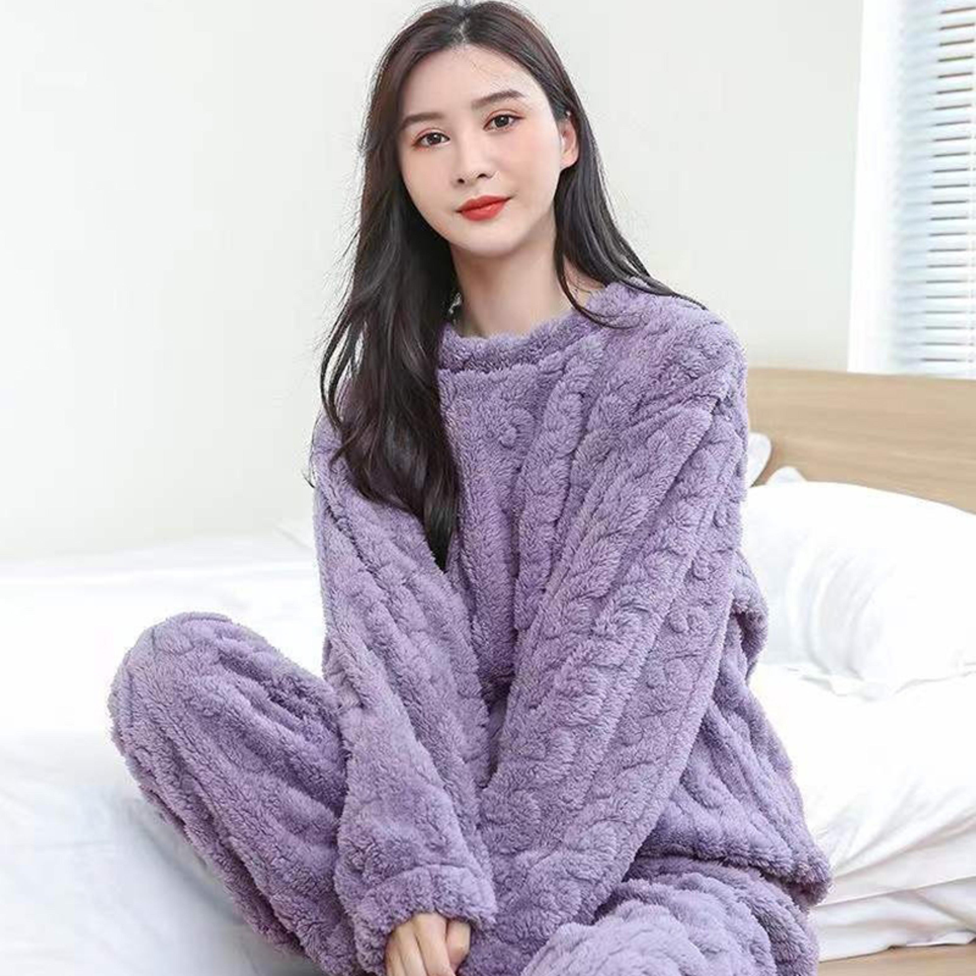 Women Casual Pajama Sets Autumn Solid Warm Thicken Velvet Ribbed Fleece Set 4
