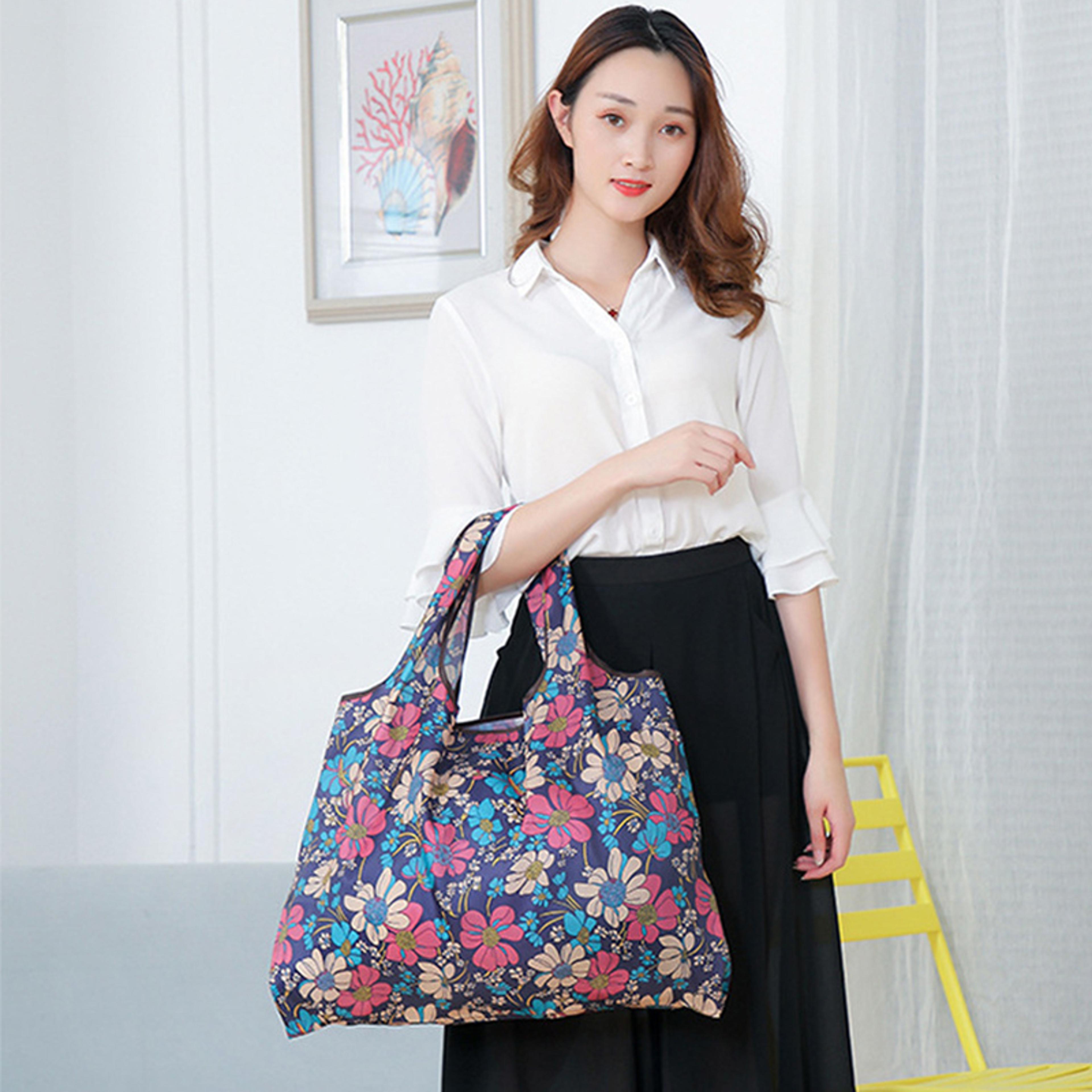 fashion reusable grocery bag, versatile folding shopping bag, large capacity travel tote bag, eco-friendly foldable shop