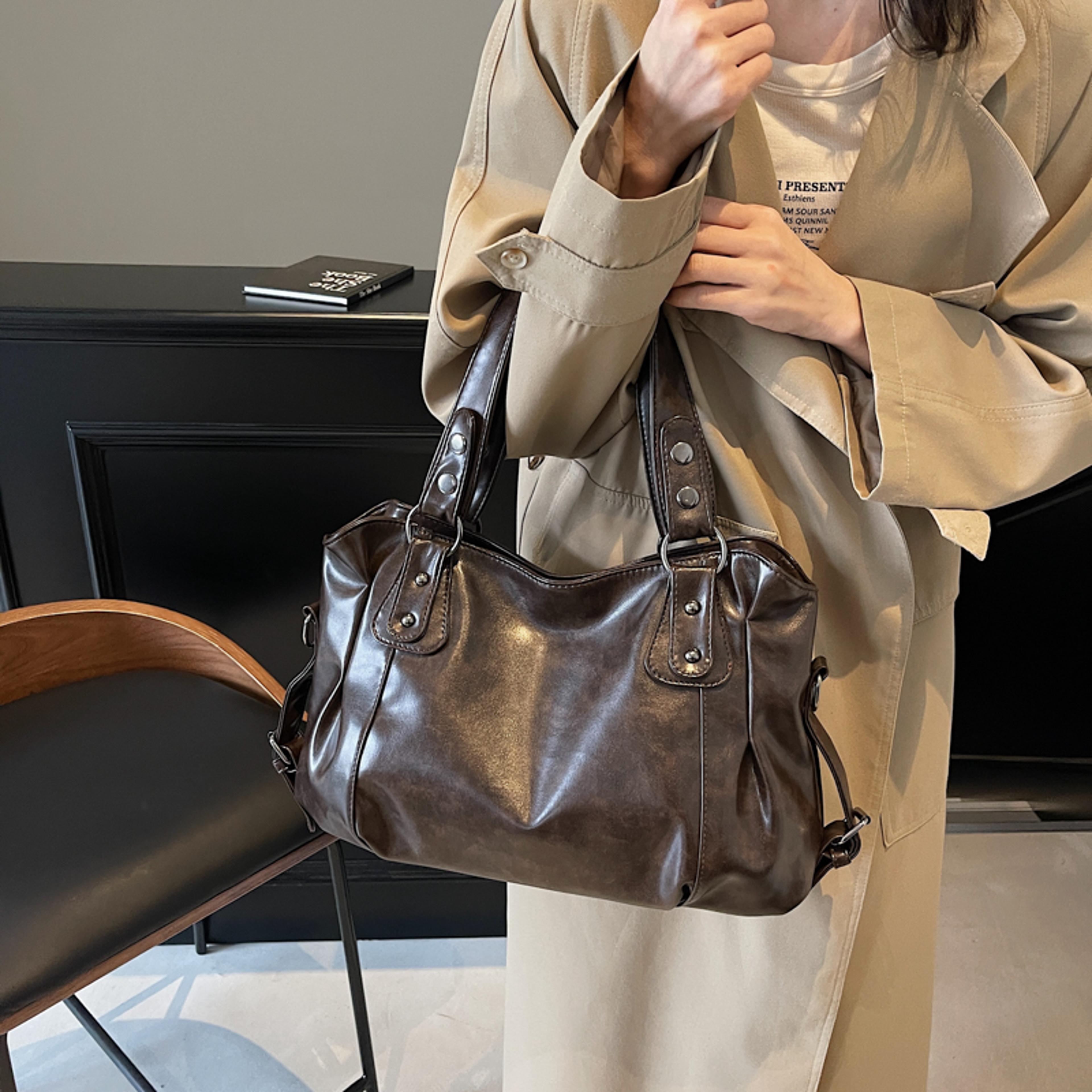 Retro Large Capacity Women Pure Color PU Shoulder Tote Bag Chic Fashion Handbag Durable PU Leather  4