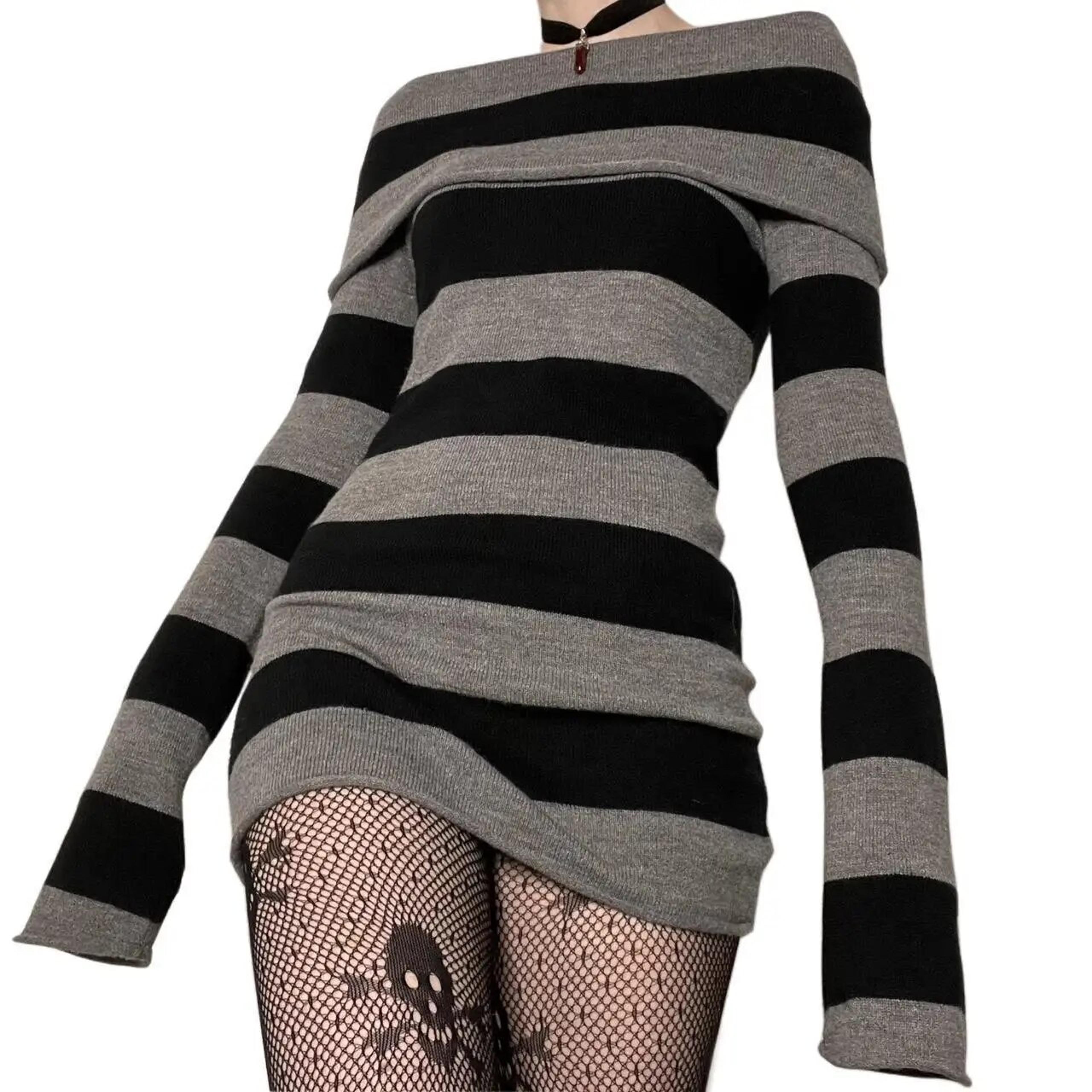 Women Striped Mini Bodycon Dress Off Shoulder BoatNeck Long Sleeve Wrapped Hip Party Dress For Spri 2