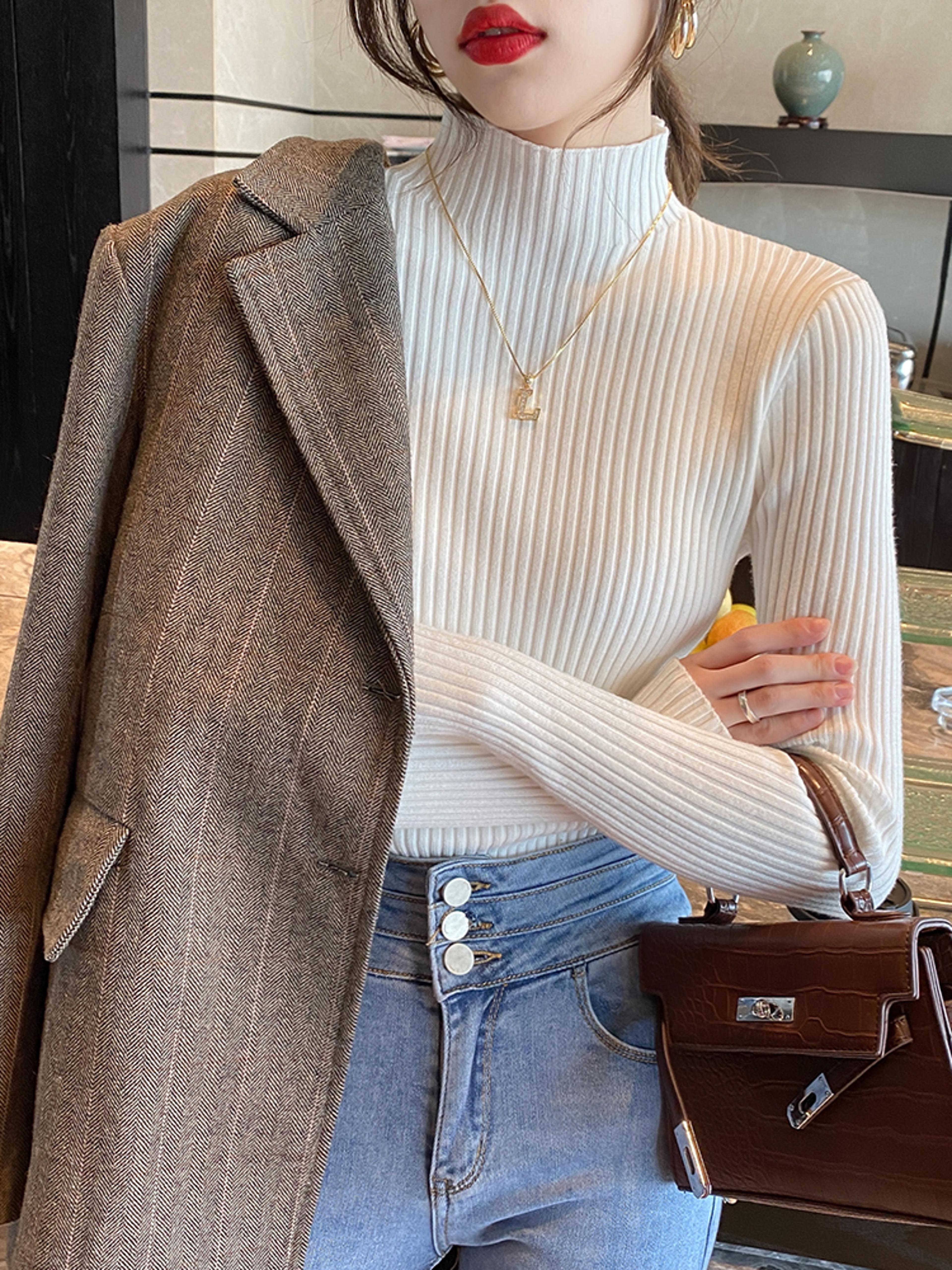 Womens Elegant Solid Basic Knitted Turtleneck Sweater Long Sleeve Slim Pullover Casual Korean Fashi 4