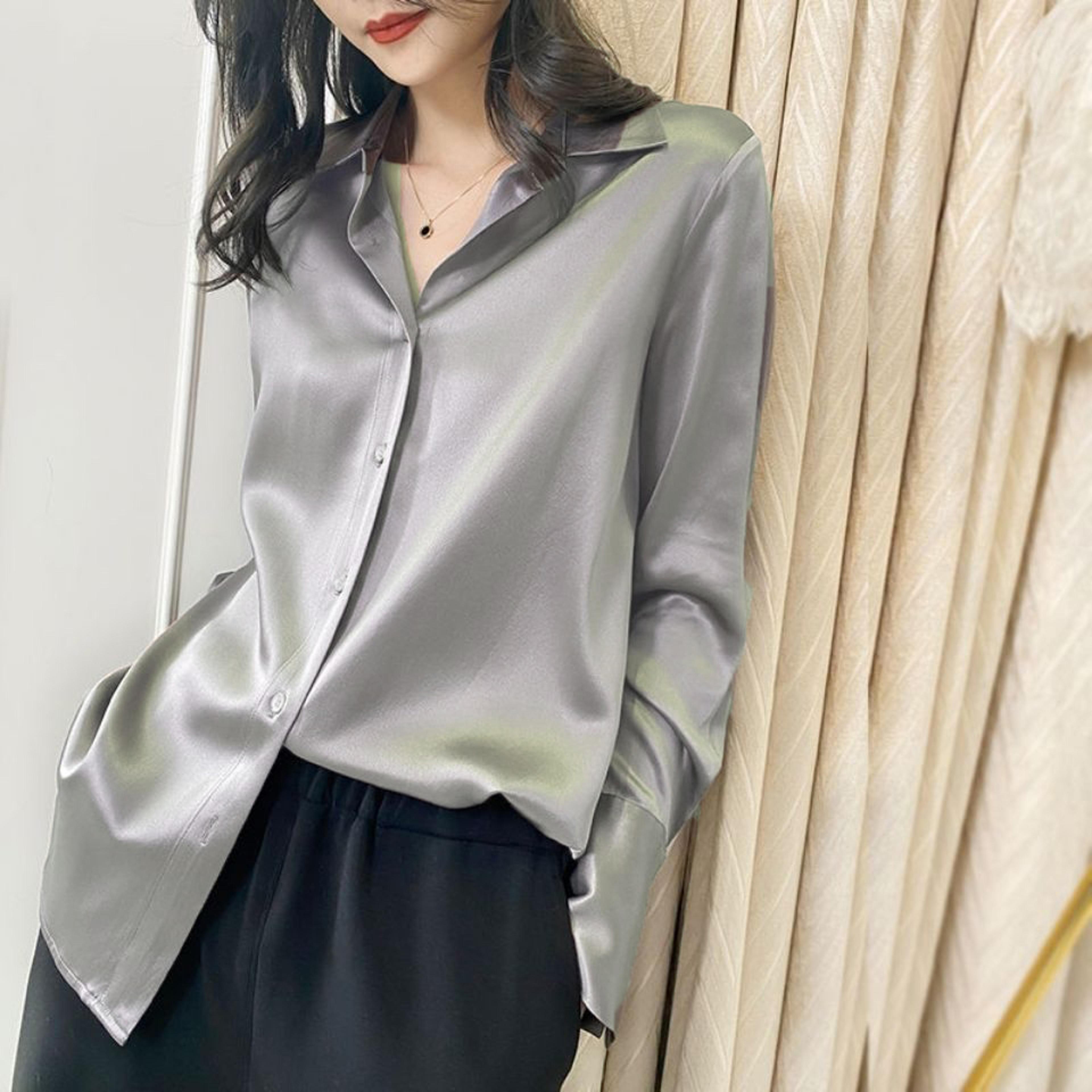 Casual Elegant Satin Long Sleeved Shirt For Office Summer Trend Fashion Womens Shirts And Blouses S 4