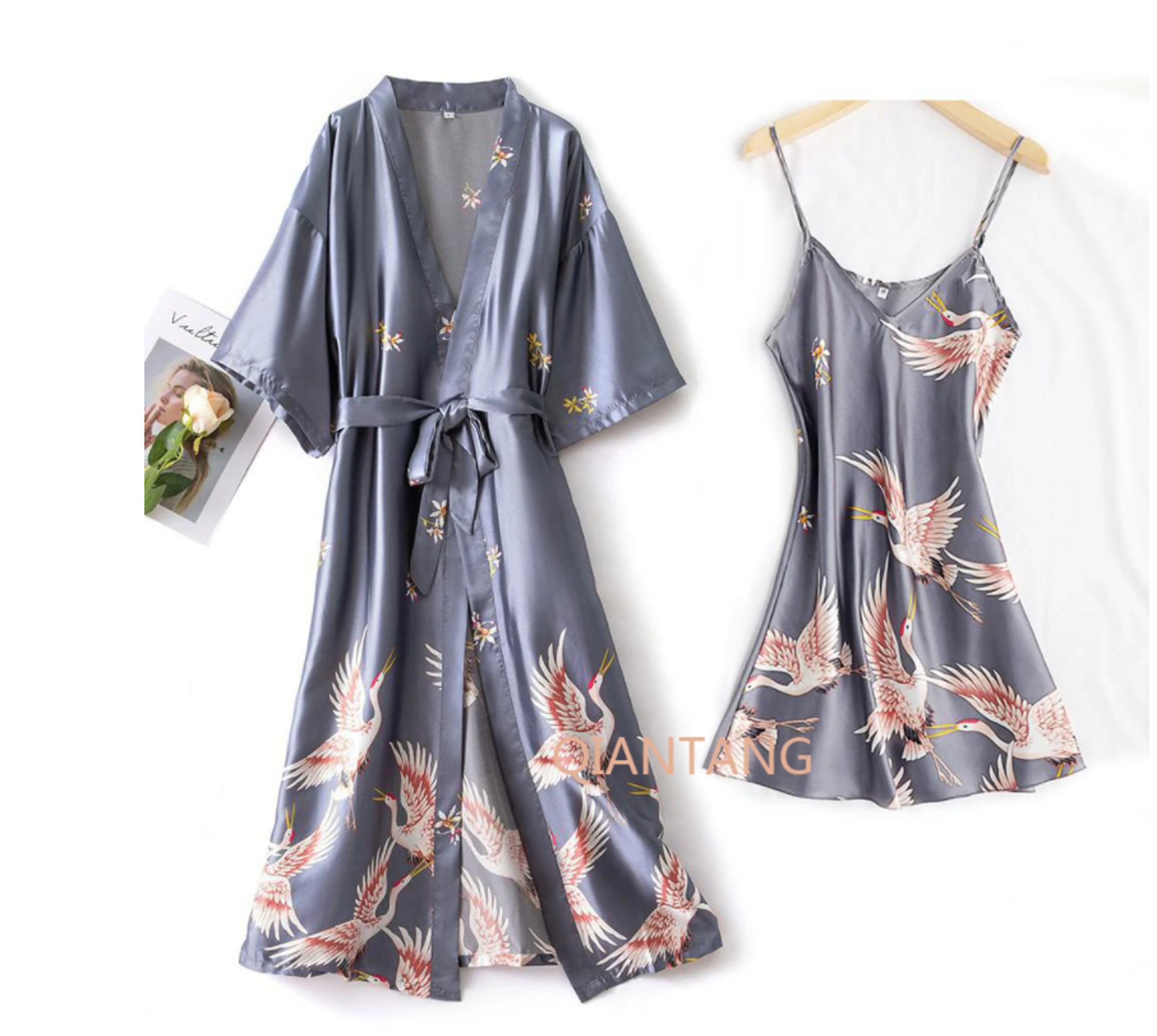Sexy Nightwear Gown Women Pyjama V Neck Silky Sleepwear Spring Lady Sleep Suit Robe Homewear Neglig 3