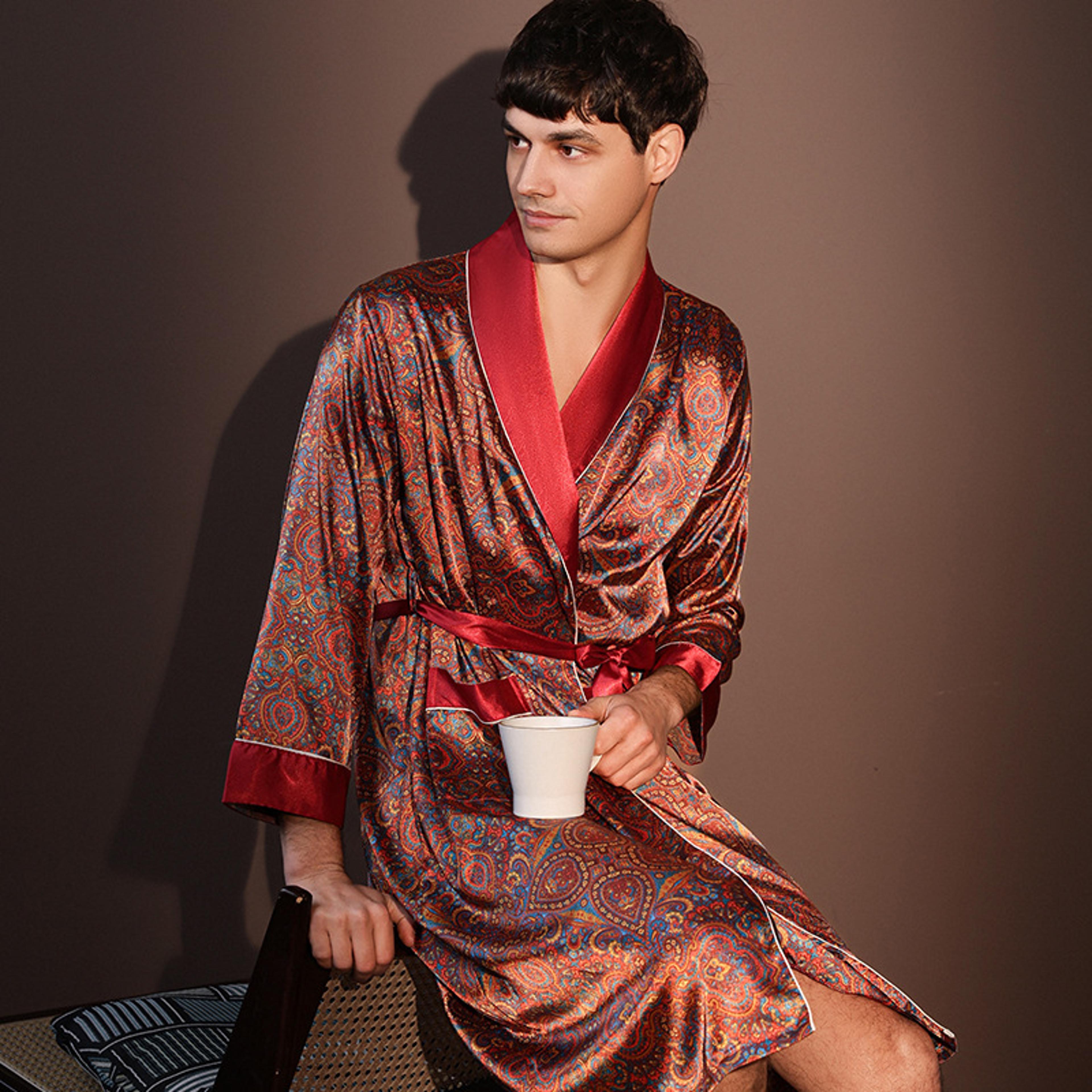 High Quality Nightrobes Men Ice Silk Printed Pajamas Onepiece Robe Summer Thin Bathrobe Large Size  2