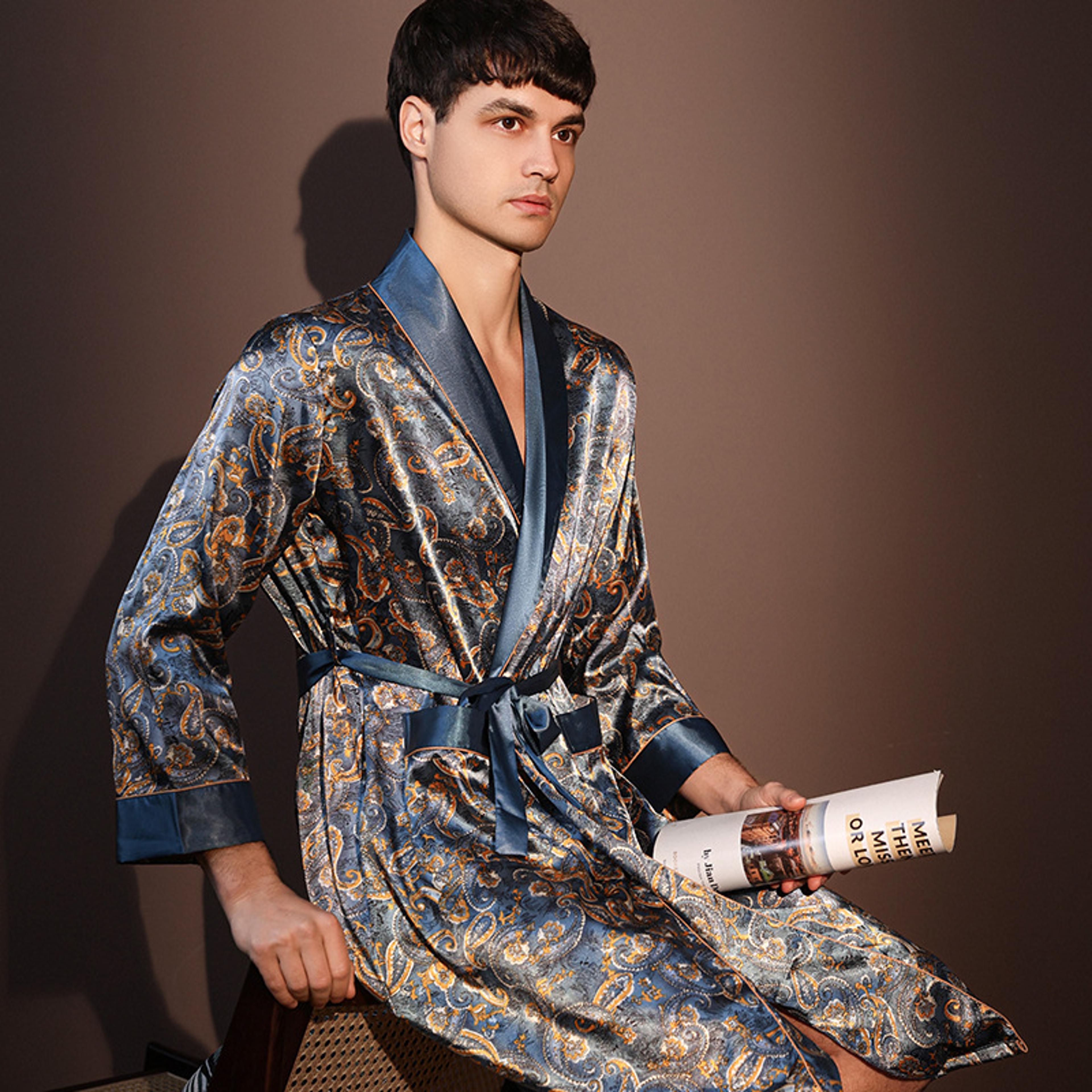 High Quality Nightrobes Men Ice Silk Printed Pajamas Onepiece Robe Summer Thin Bathrobe Large Size  3