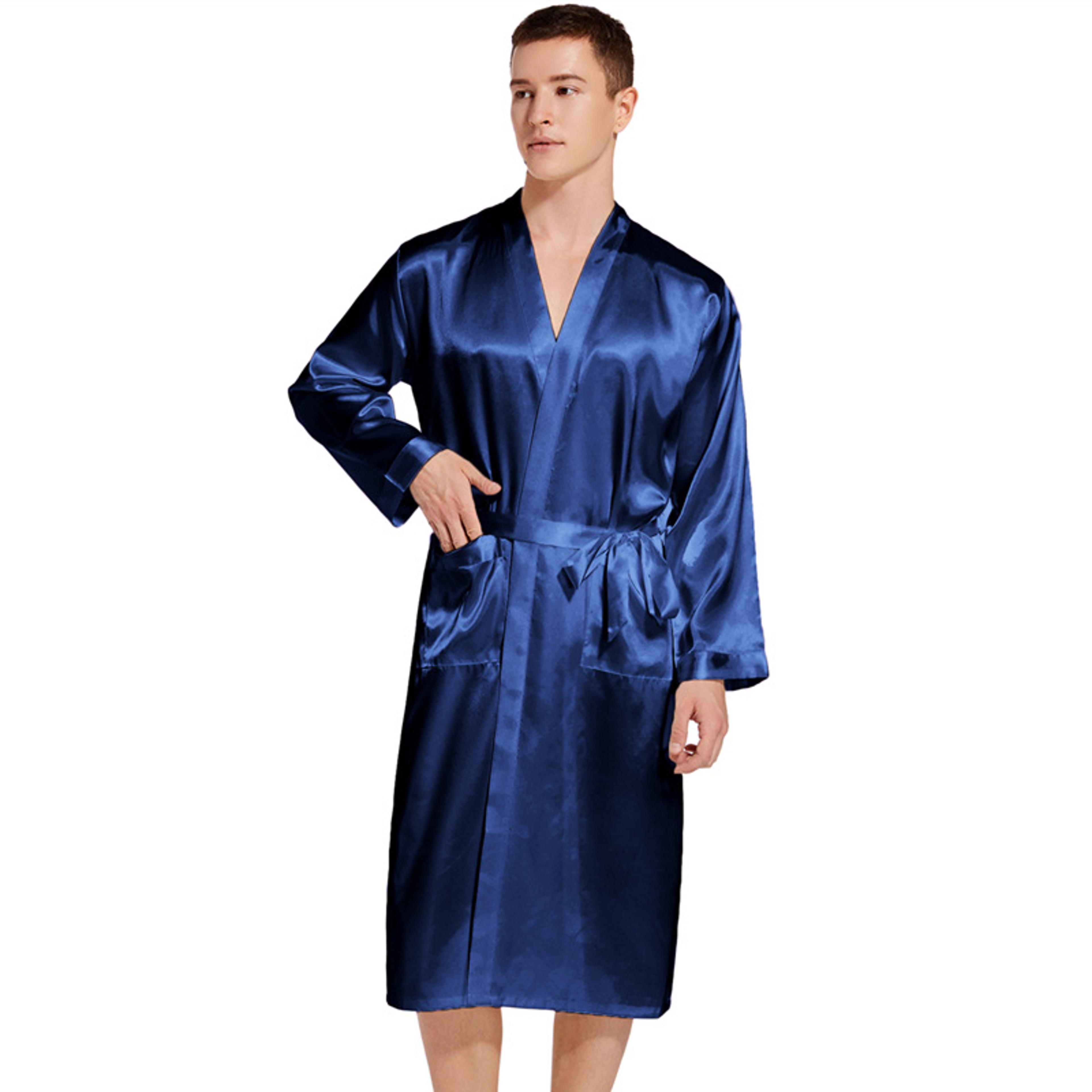 Navy Blue Silk Satin Kimono Gown Men Long Bathrobe Sleepwear Wedding Robe Loungewear For Bridegroom 4