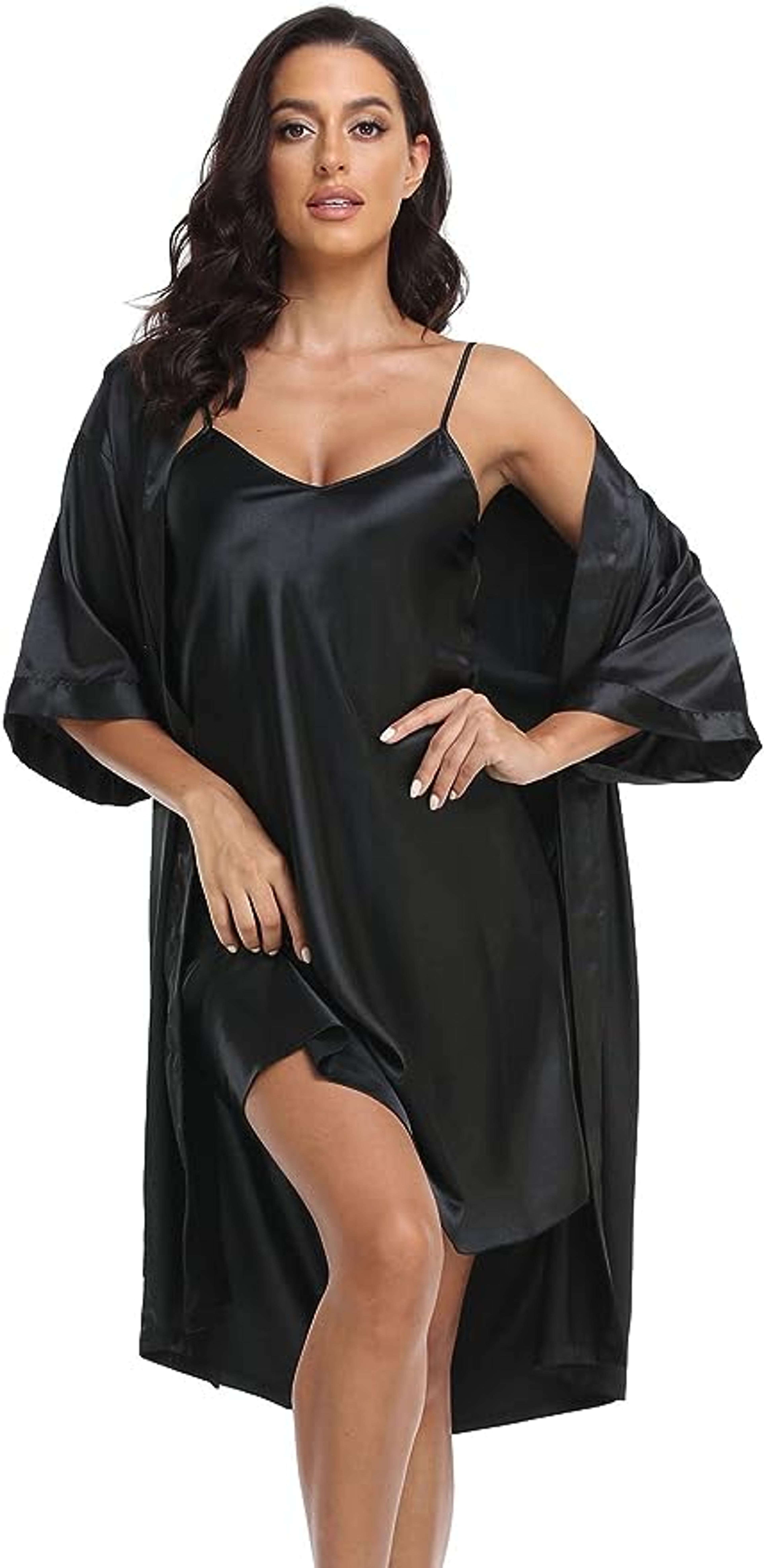 Sexy Silky Womens Silk Satin Pajamas PJ Robe Set With Chemise Nightgown Elegant Sleepwear 4