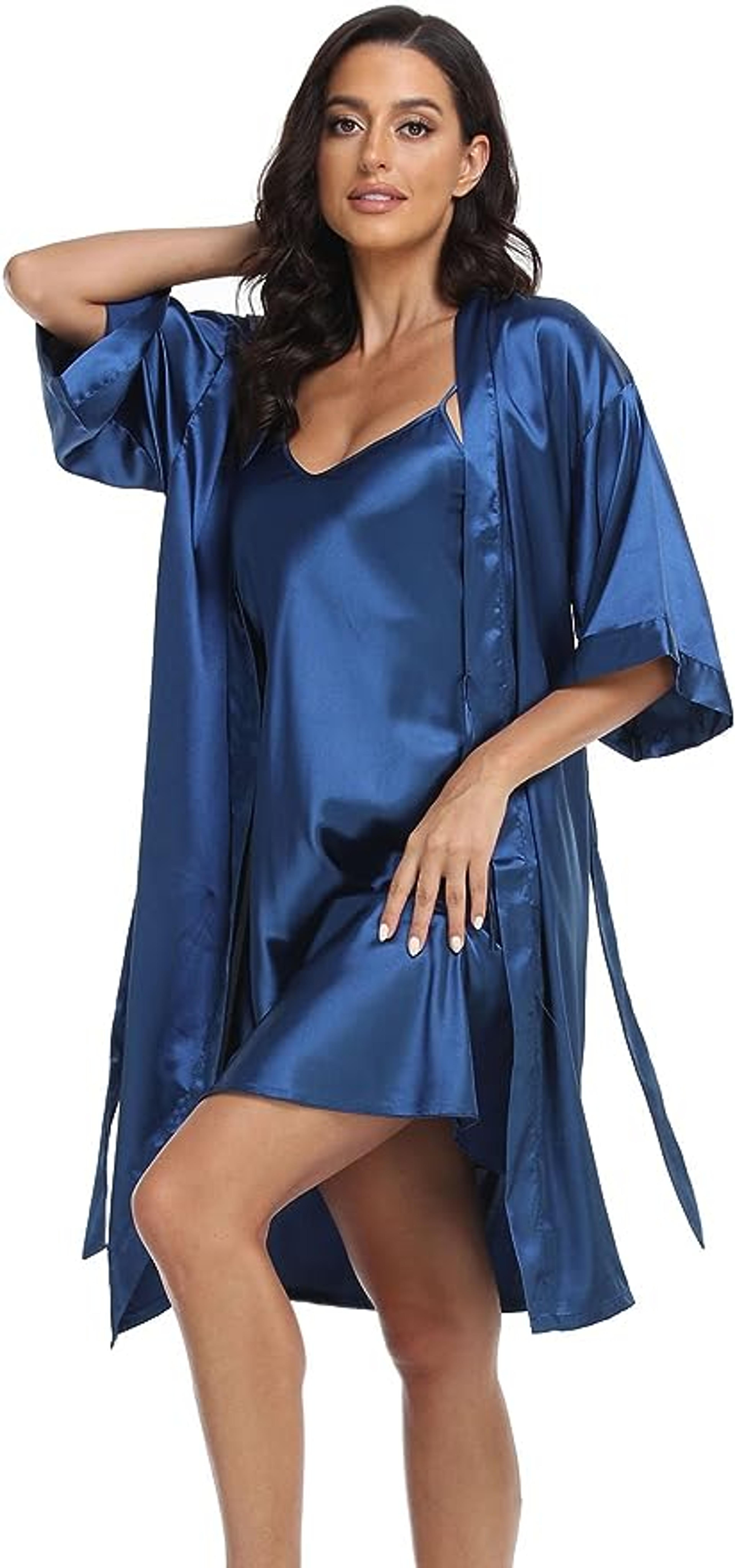 Sexy Silky Womens Silk Satin Pajamas PJ Robe Set With Chemise Nightgown Elegant Sleepwear 6