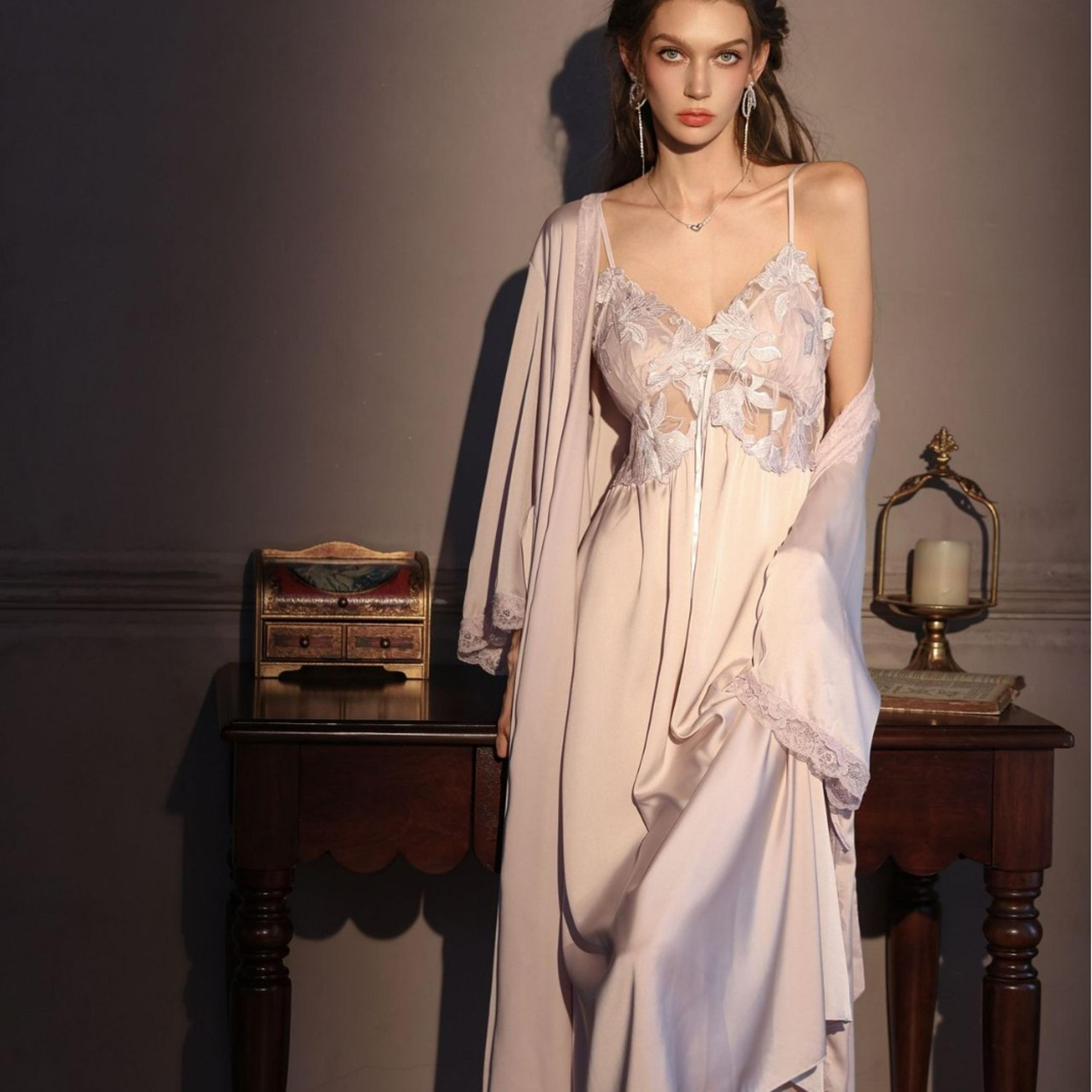 Silky Ice Silk Nightgown Set Elegant Female Long Robe SEXY Hollow Out Lace Lingerie Sleepwear Homew 7