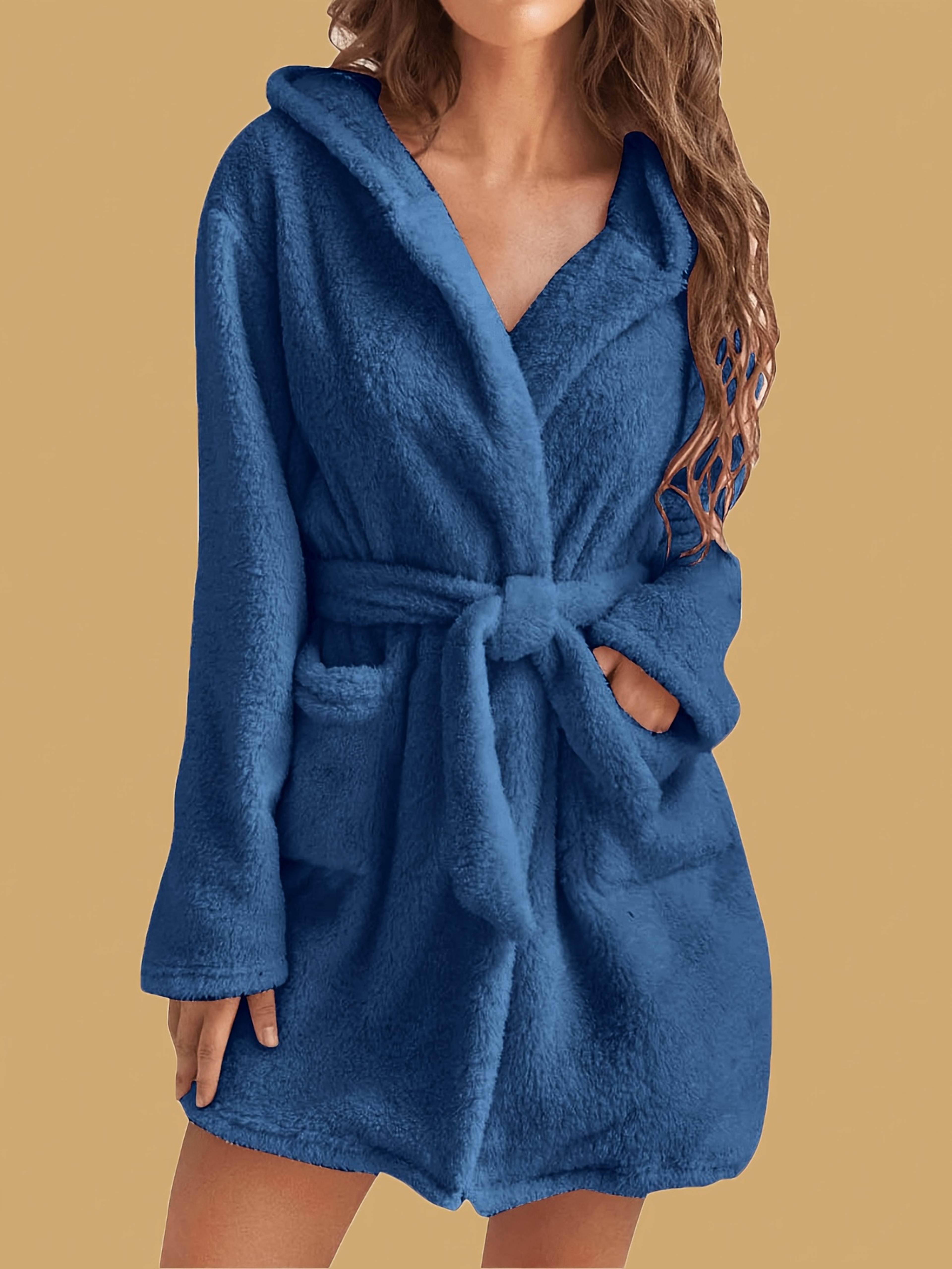 1 Piece Of Womens Solid Color Hooded Robe With Belt Cozy And Warm Fleece Pajamas For Home Wear In A 2