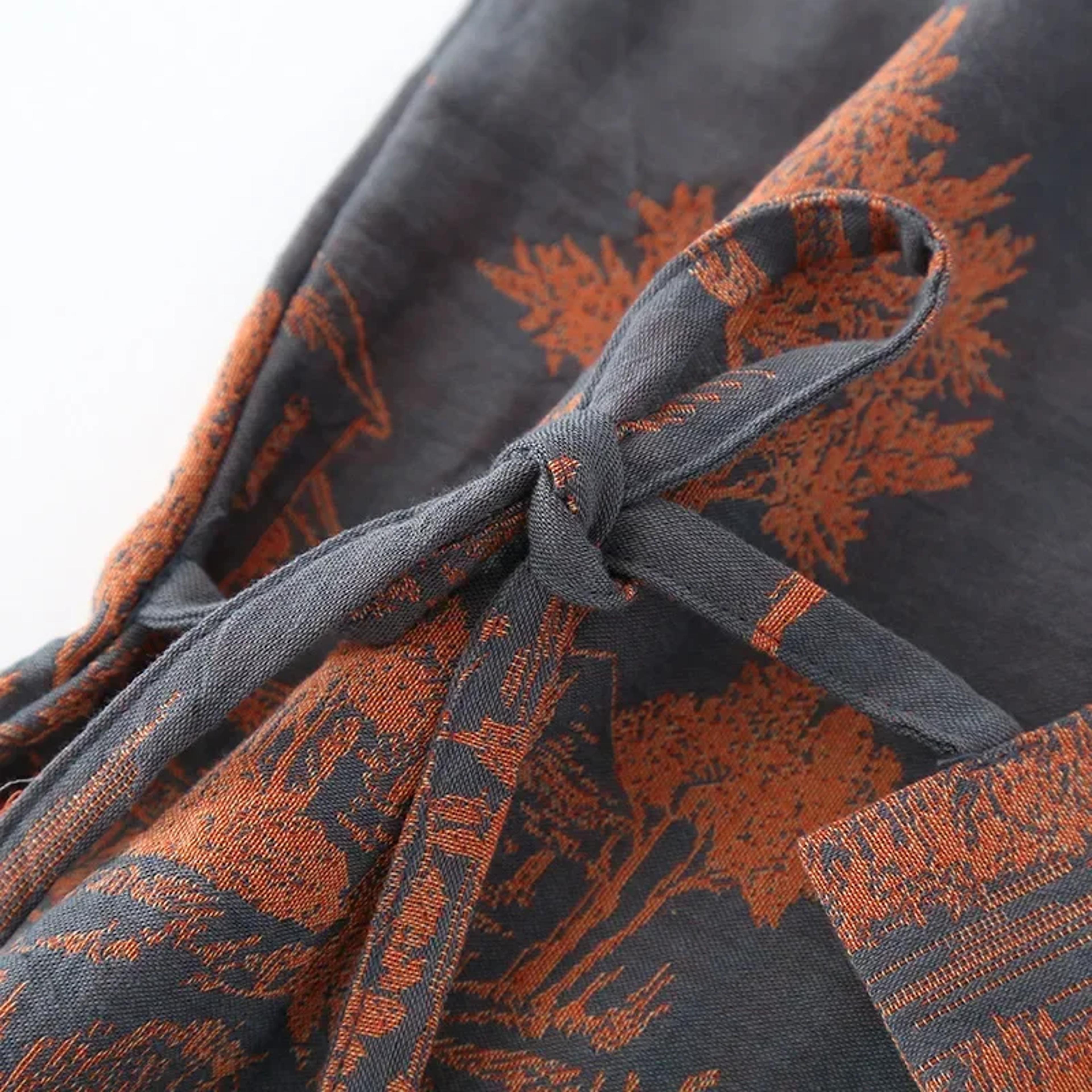 Mens Blue Green Printed Cotton Robe Kimono Style Bathrobe For Spring Summer Autumn Long Cotton Kimo 5