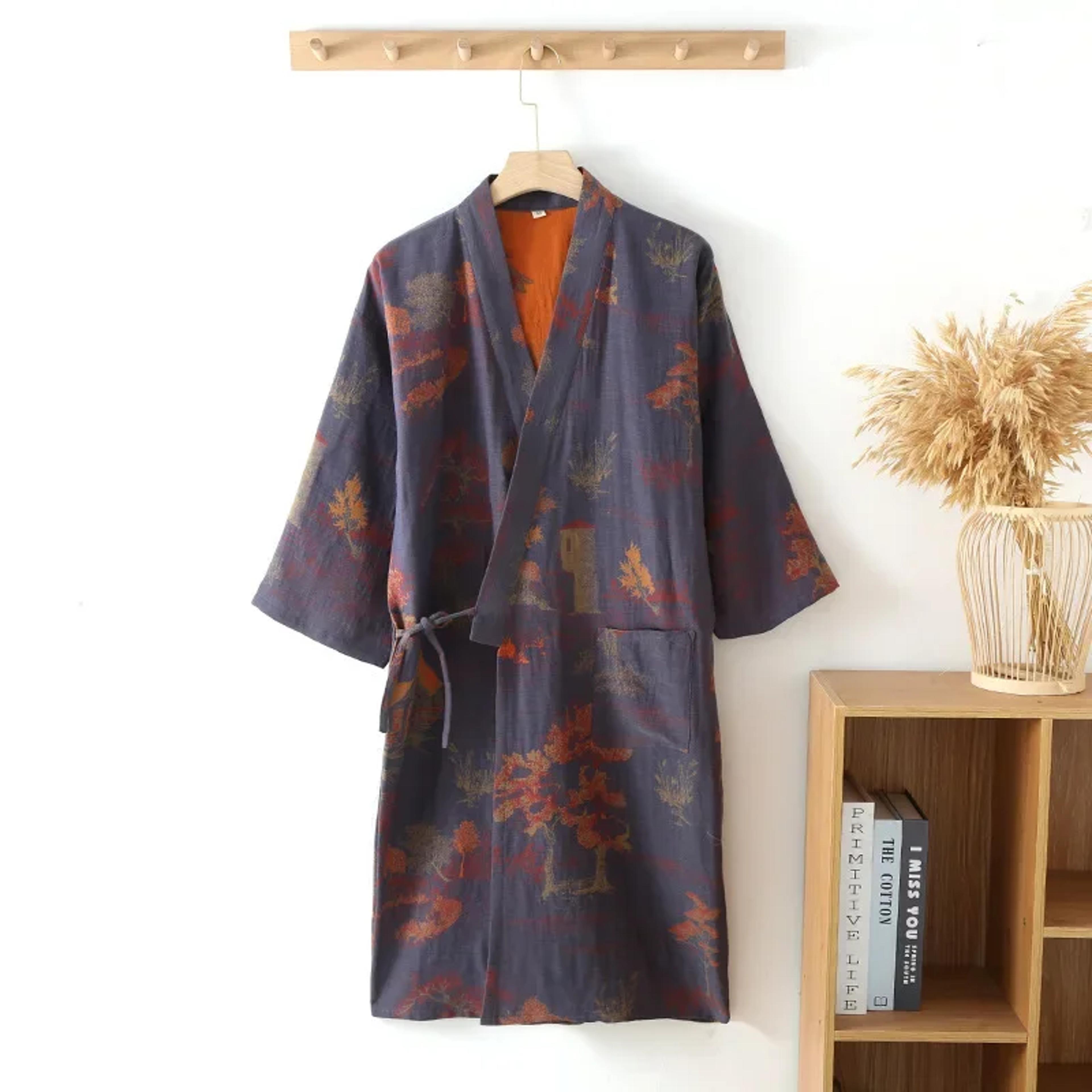 Mens Blue Green Printed Cotton Robe Kimono Style Bathrobe For Spring Summer Autumn Long Cotton Kimo 7