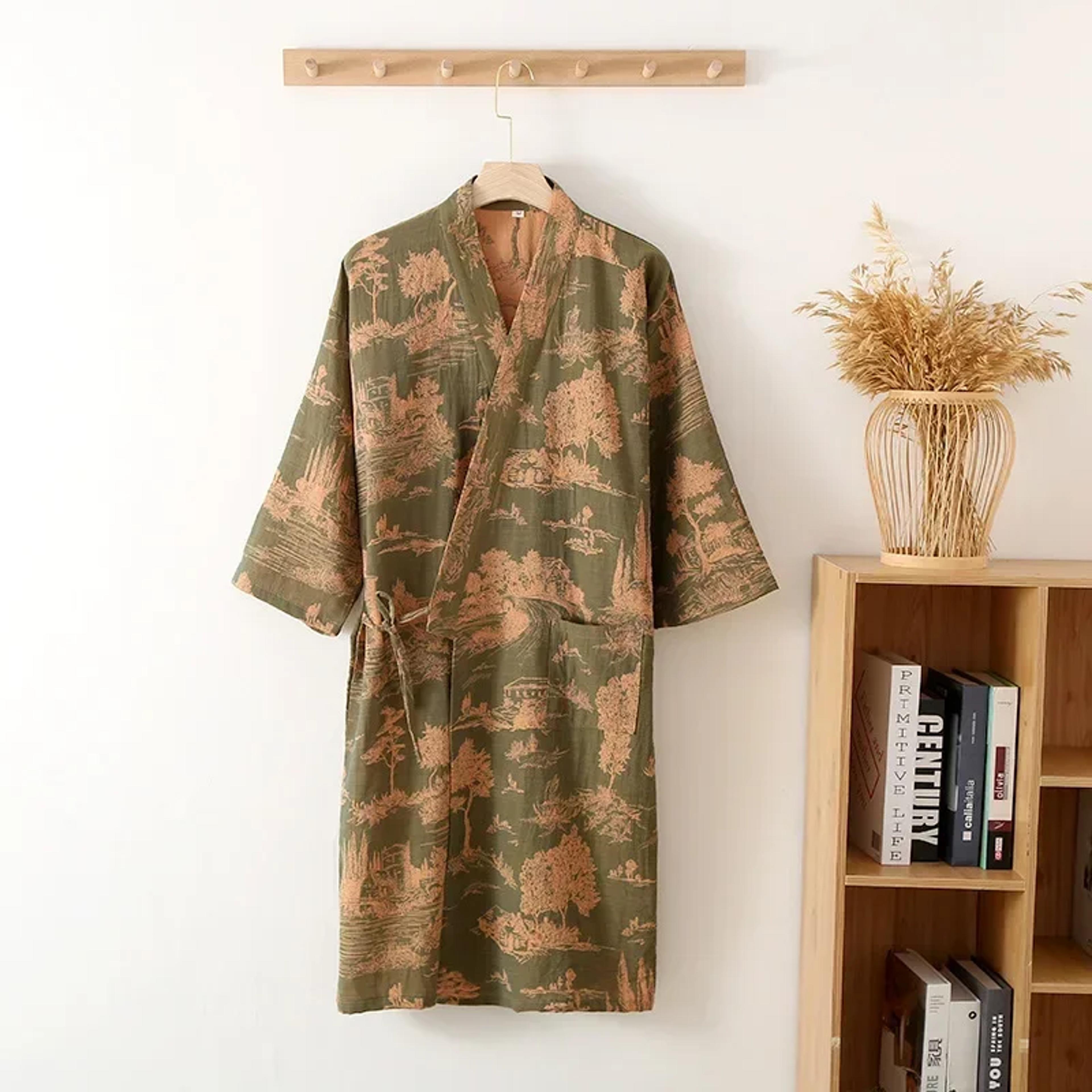 Mens Blue Green Printed Cotton Robe Kimono Style Bathrobe For Spring Summer Autumn Long Cotton Kimo 9