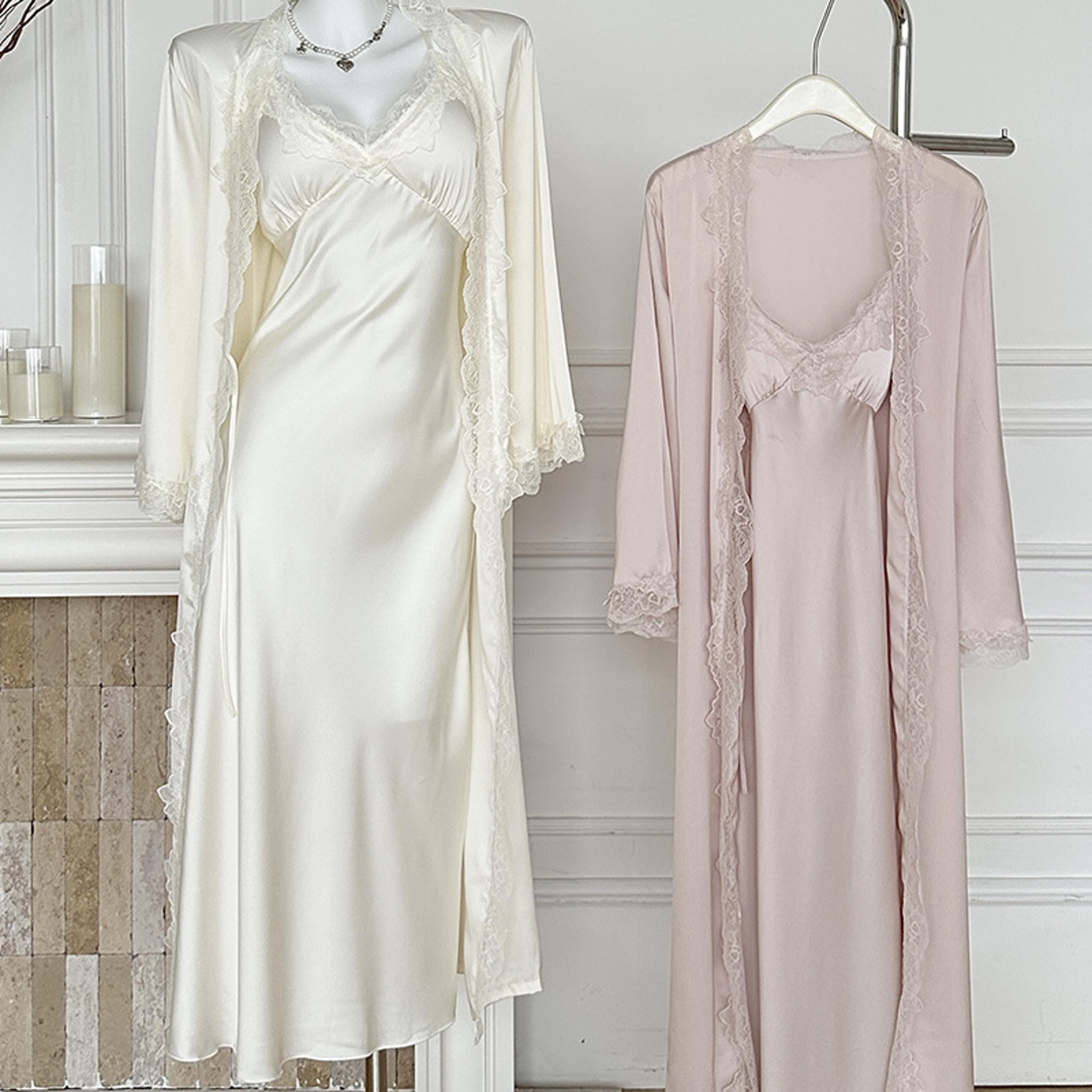 Sexy Lace Trim Sleepwear New Female Long Robe Nightgown Set Suspender Nightdress Spring Summer Sati 1