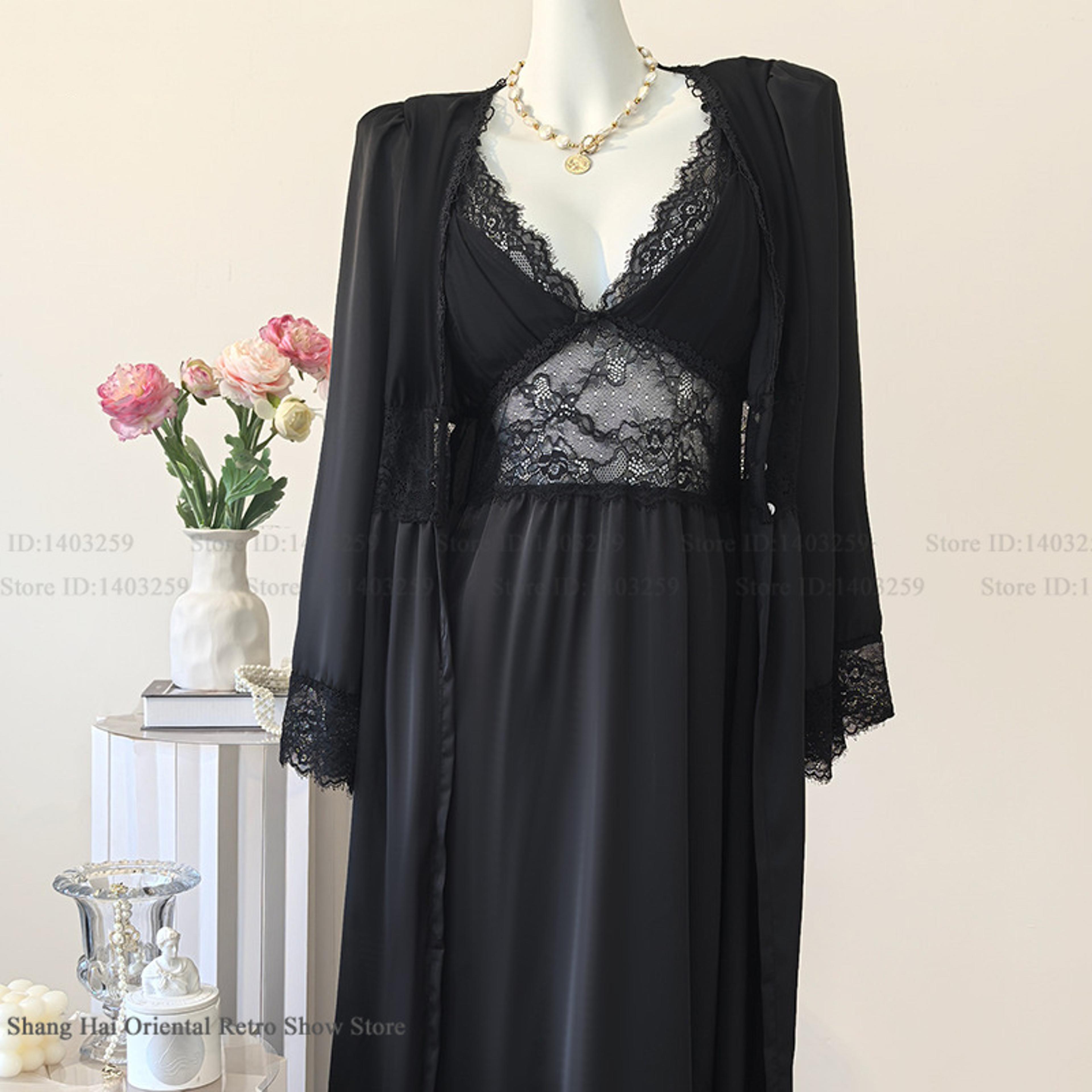 Sexy Lace Trim Sleepwear New Female Long Robe Nightgown Set Suspender Nightdress Spring Summer Sati 4
