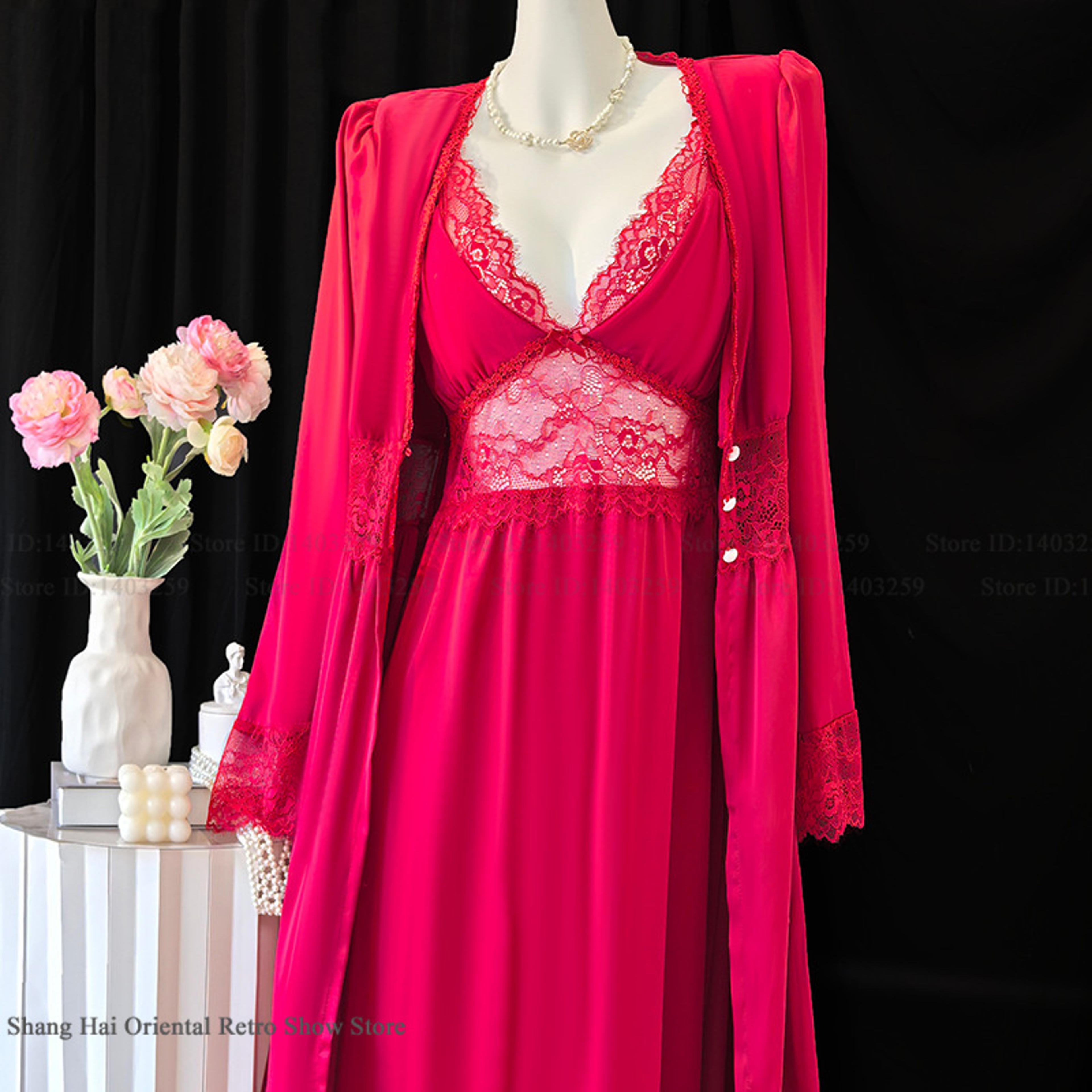 Sexy Lace Trim Sleepwear New Female Long Robe Nightgown Set Suspender Nightdress Spring Summer Sati 5