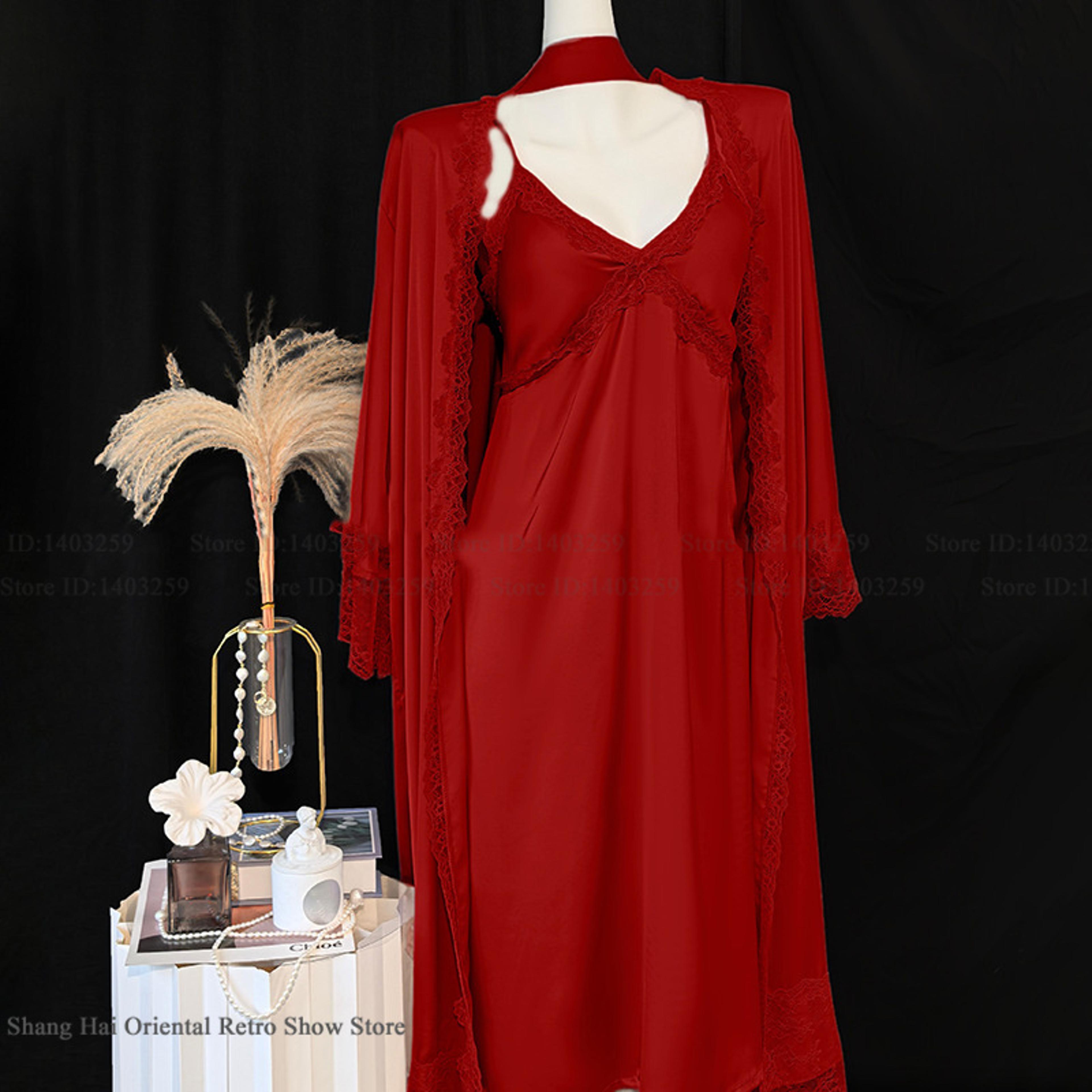 Sexy Lace Trim Sleepwear New Female Long Robe Nightgown Set Suspender Nightdress Spring Summer Sati 6