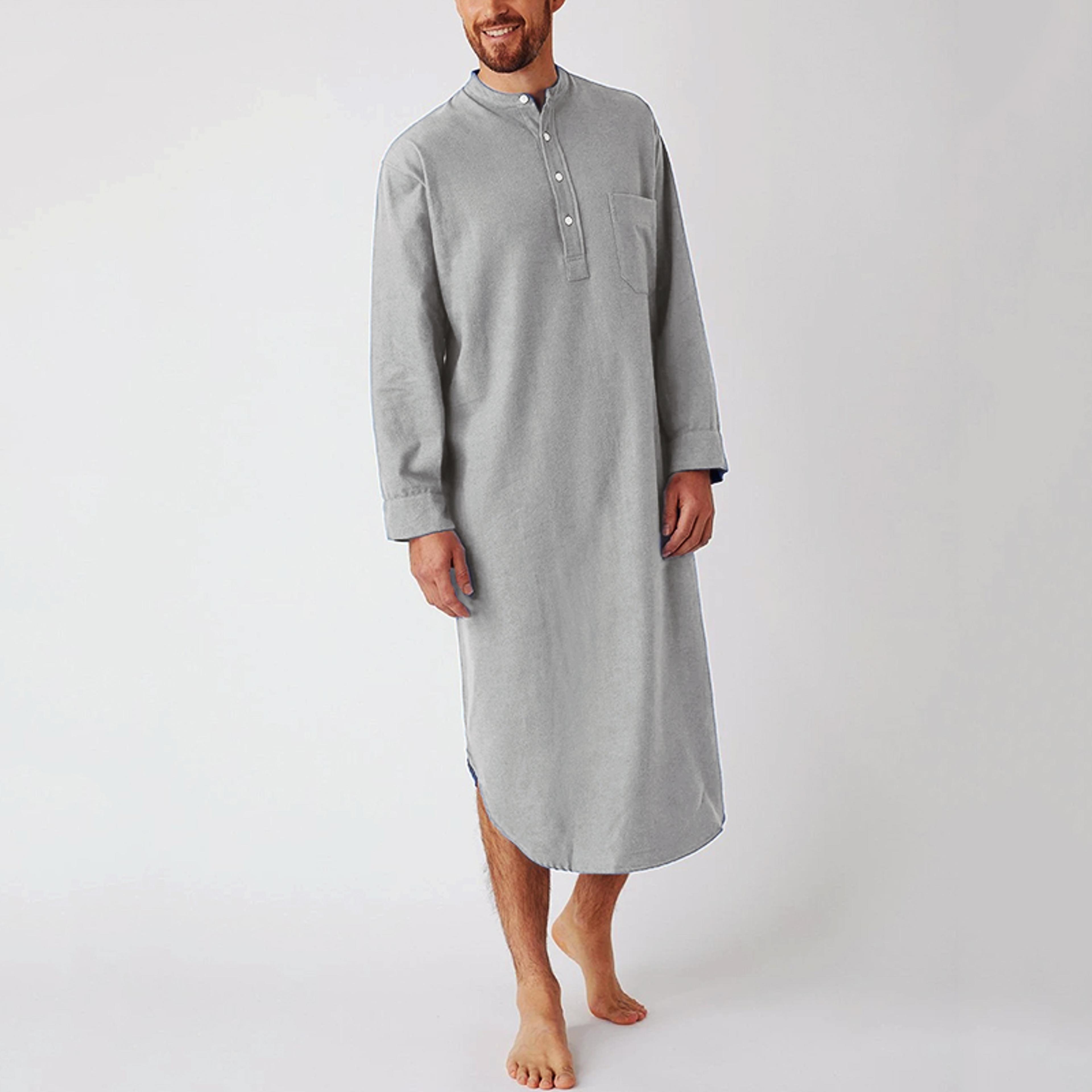 Fashionable Mens Buttondown Sleep Robes Solid Color Stand Collar Long Sleeve Nightgown Comfortable  0
