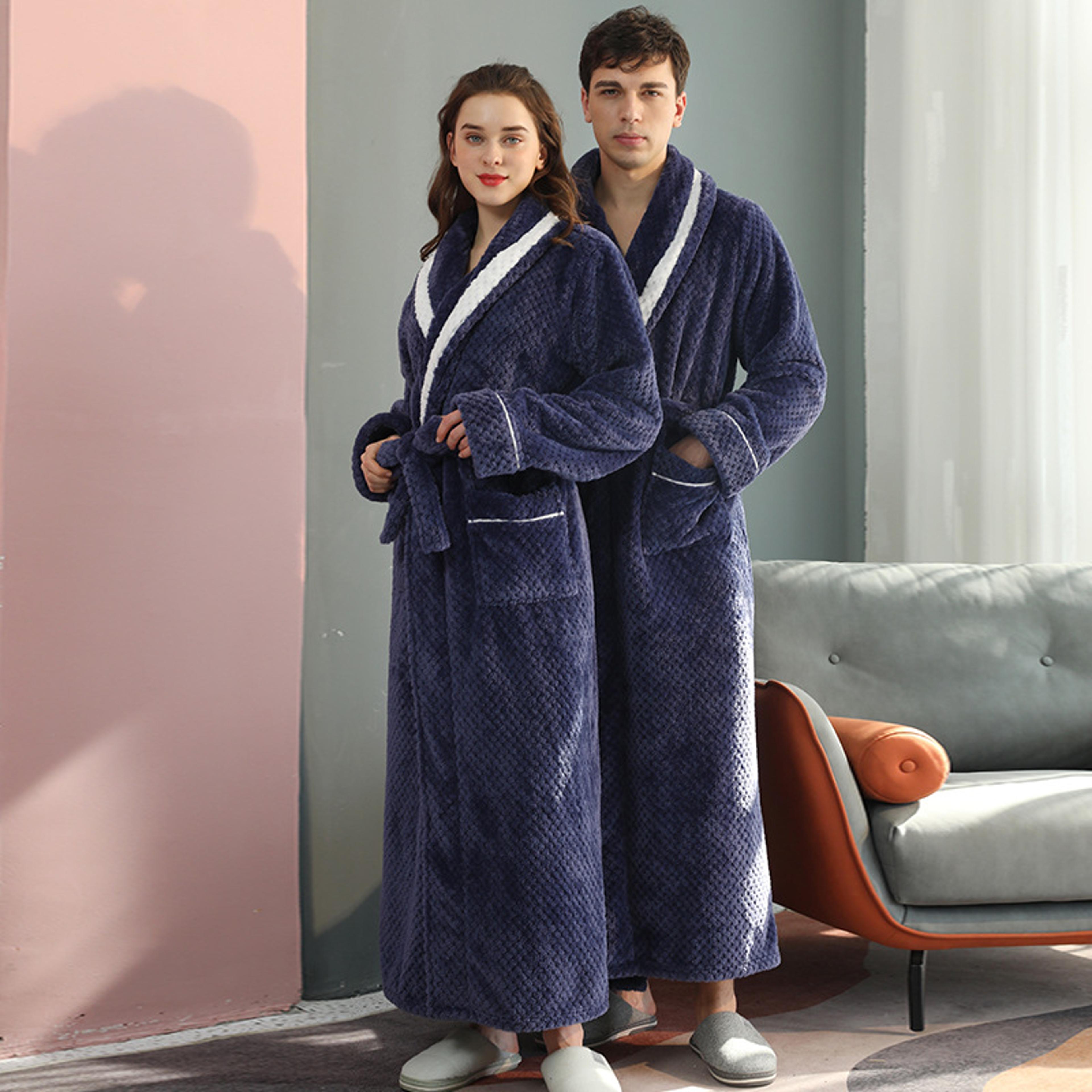 Winter Lovers Solid Flannel Bathrobe Set Thicken Long Robe For Couples Gown Nightwear With Pocket I 1
