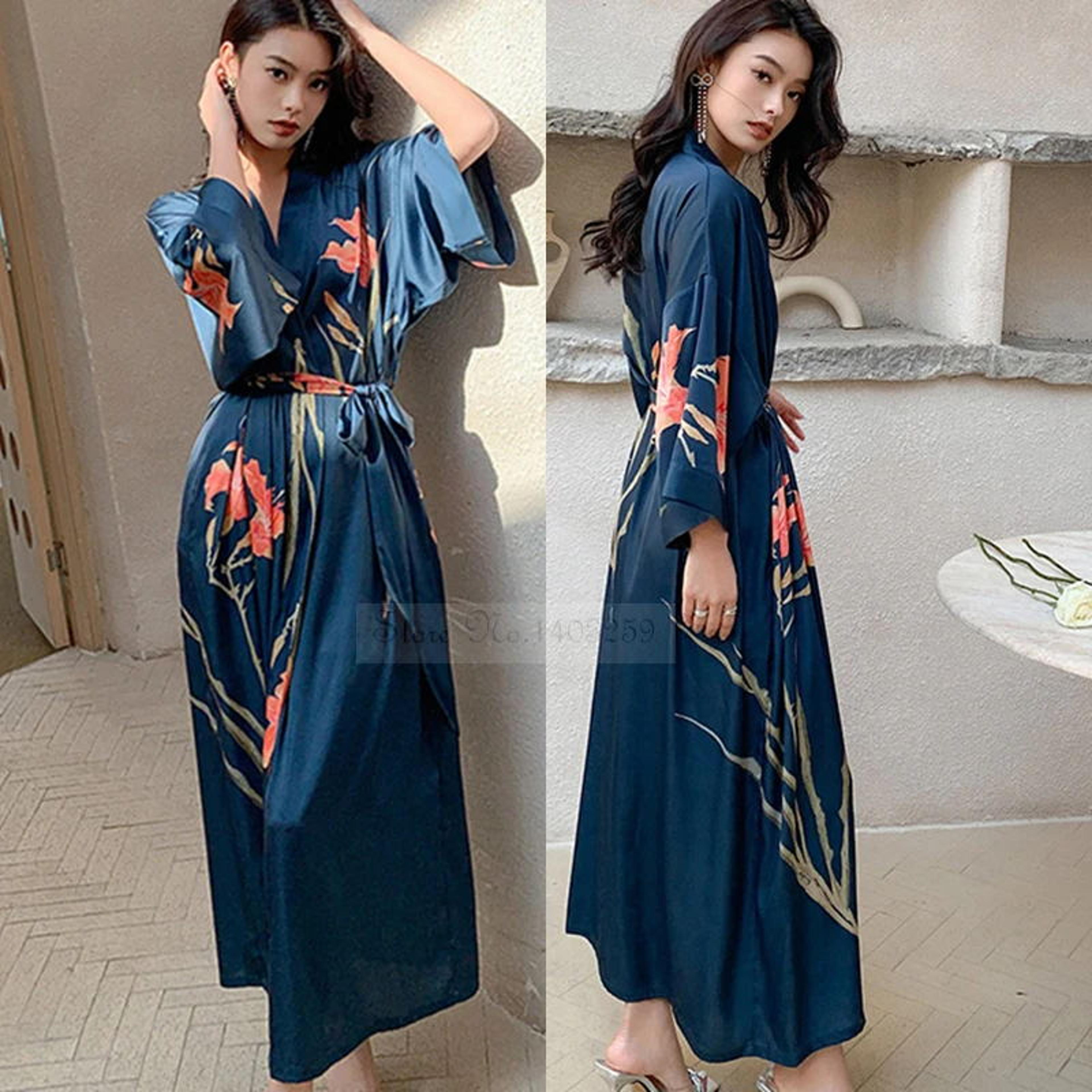 Sexy Rayon Black Print Flower Long Robe Summer Half Sleeve Bathrobe Gown Comfortable Nightgown For  4