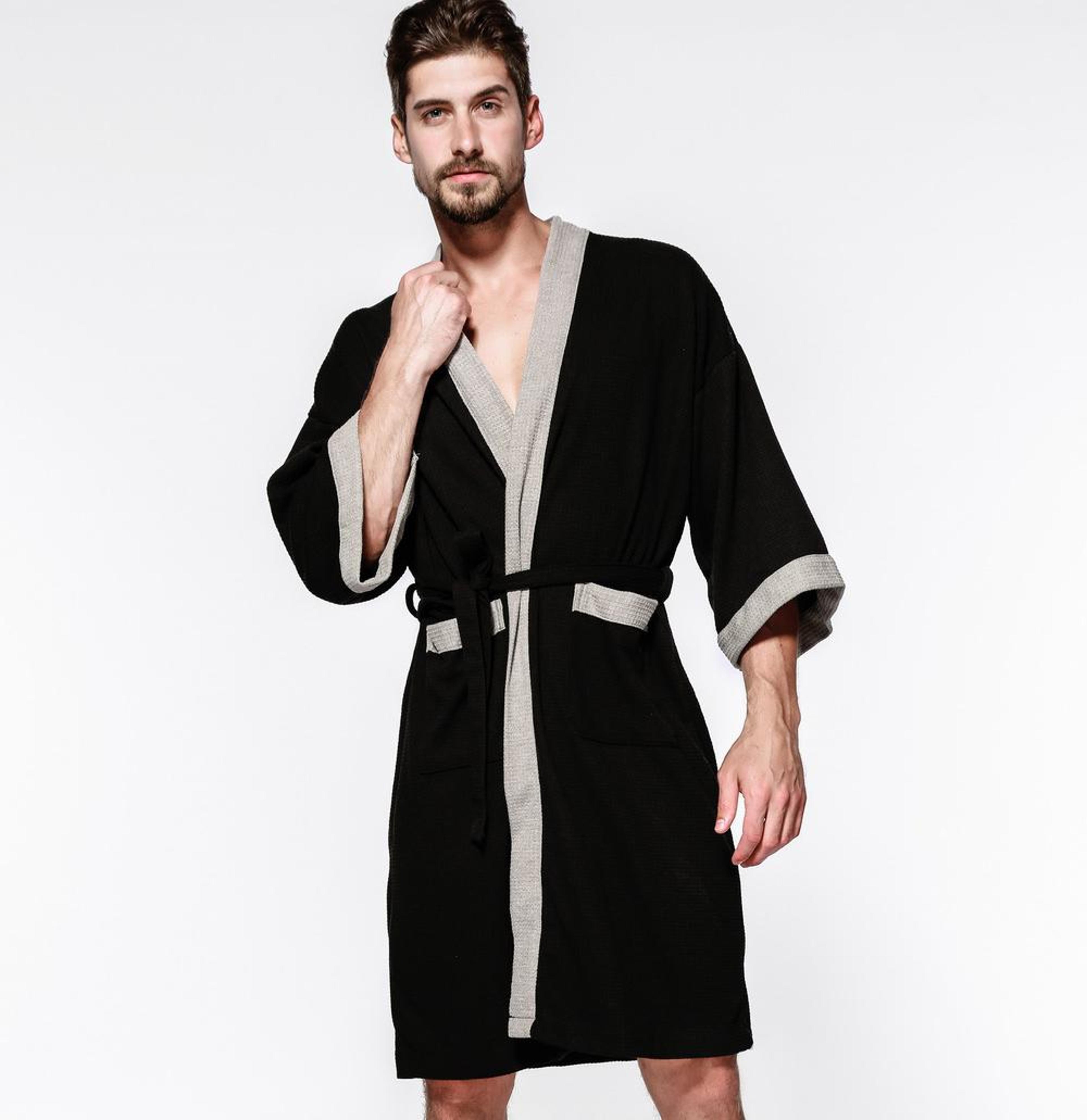 Black Cotton Waffle Men Bathrobe Gown Sleepwear Loose Casual Nightwear Sauna Spring Summer Home Wea 1
