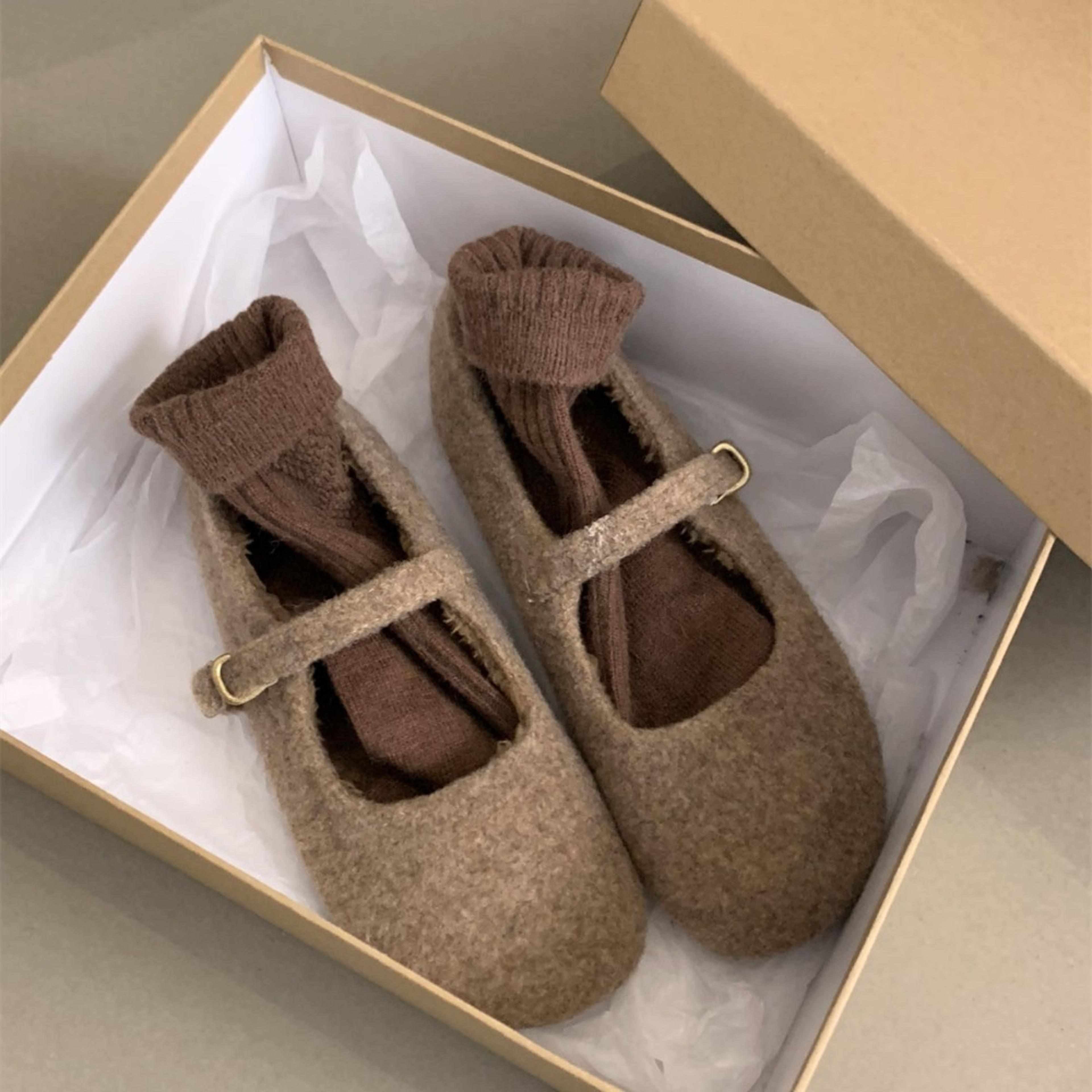 Ladies Wool Mary Jane Shoes Fashion Square Toe Fleece Ballet Flats Winter Warm Elegant Plush Loafer 2