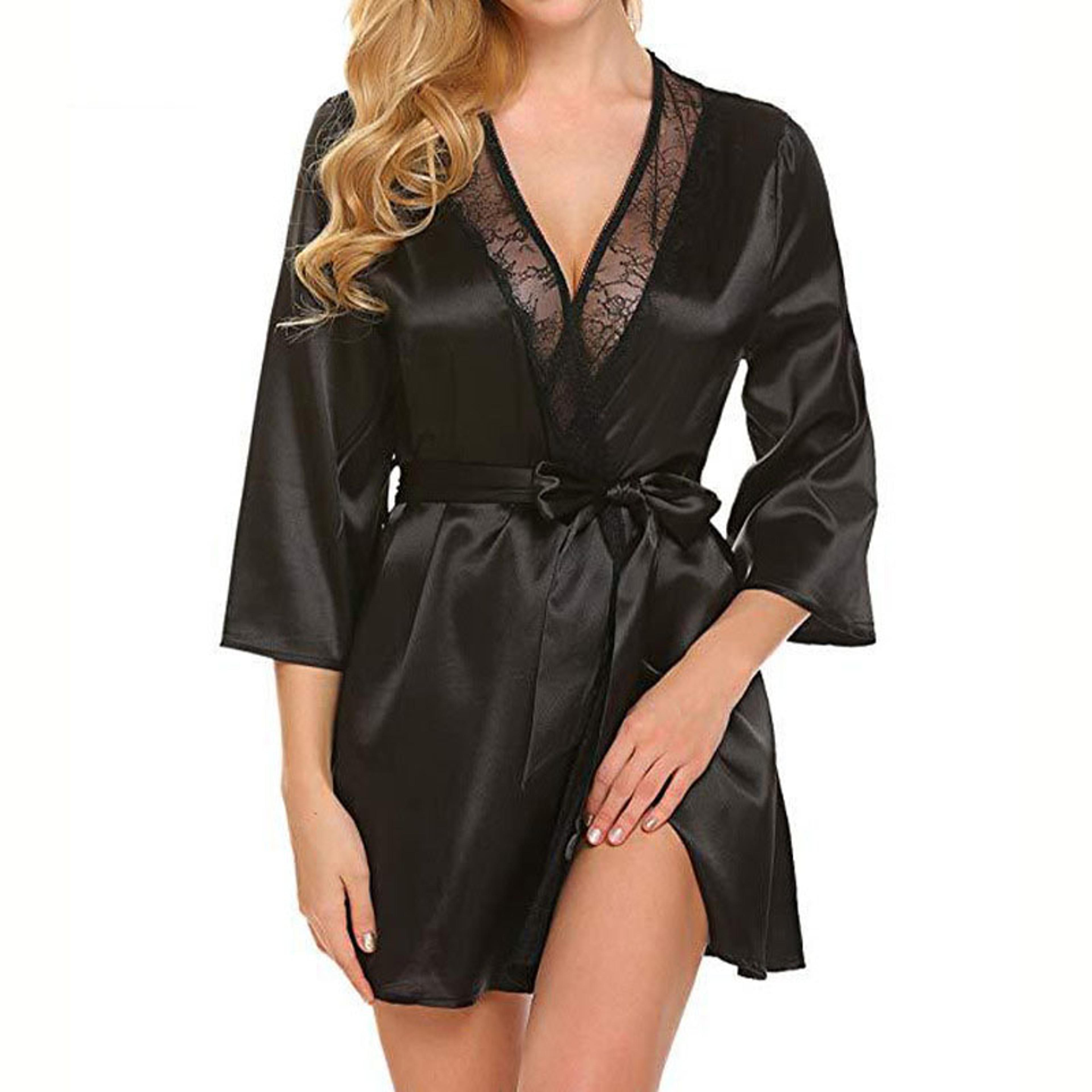 women sexy lace satin robe, black plus size sleepwear nighty, soft comfortable short nightgown bathrobe lingerie dress