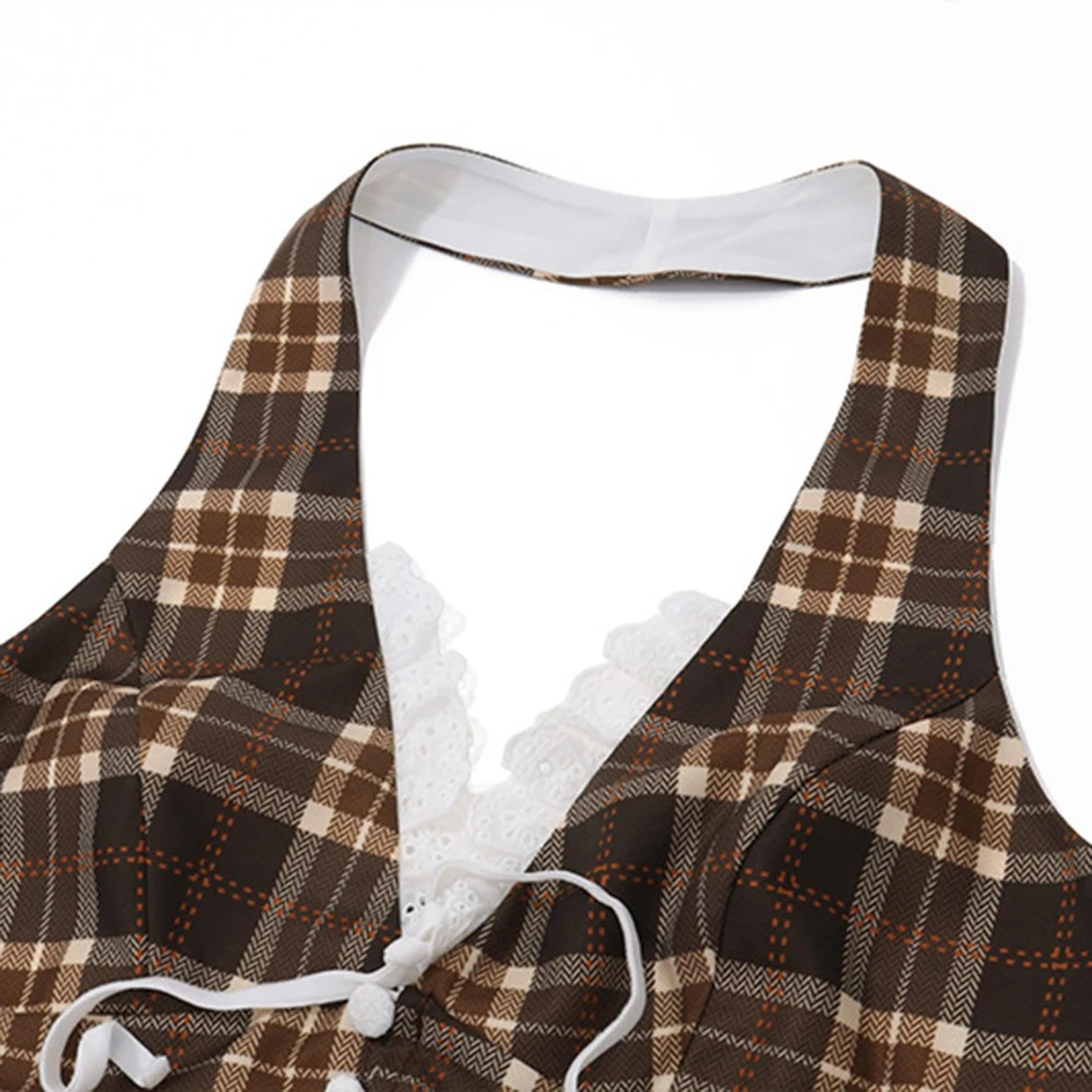 Halterneck Plaid Print Crop Top For Women Vneck Backless Lace Slim Tank Top With Bow Embellishment
