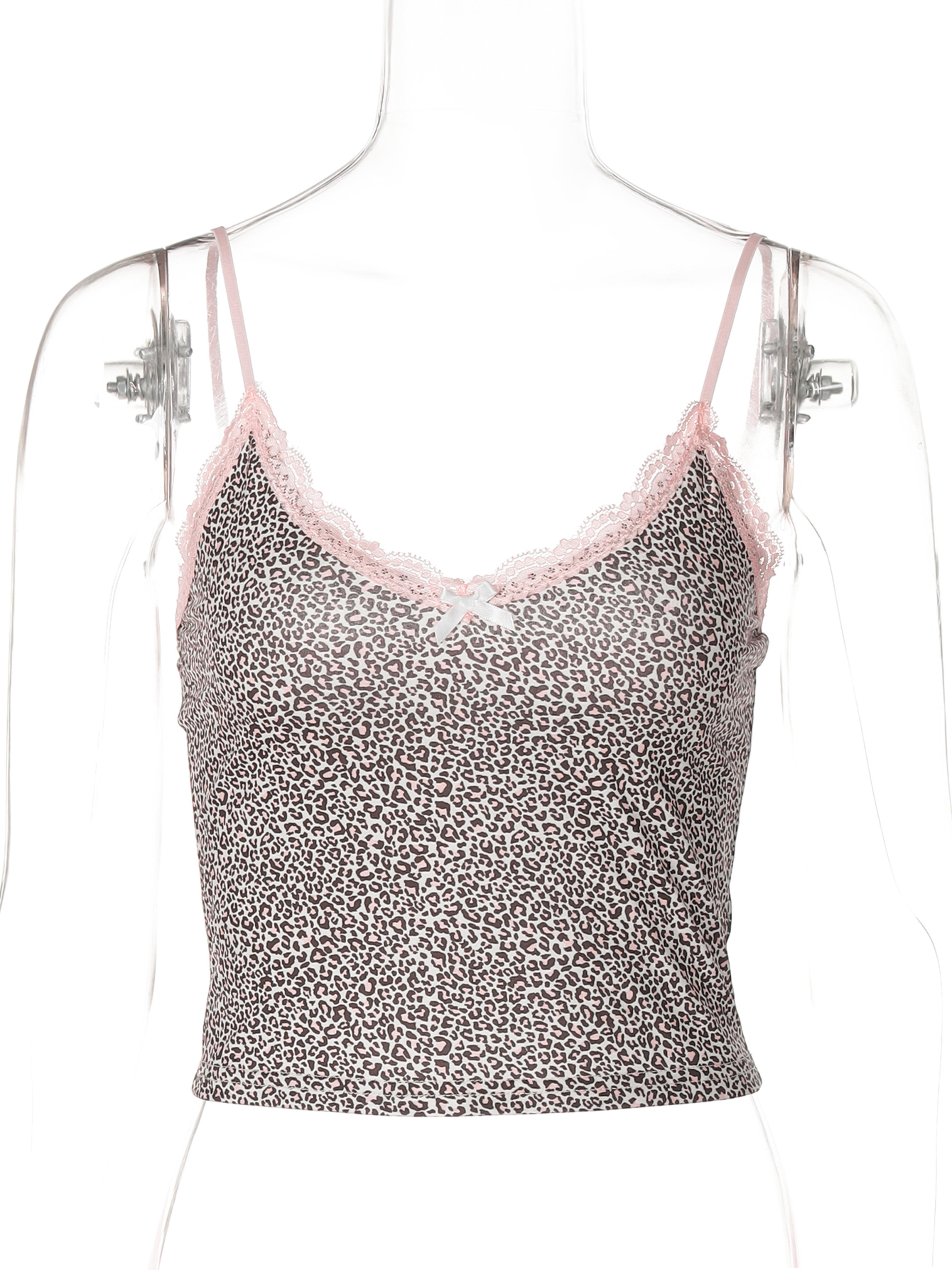 Sexy Slim Crop Camis Top Hugcitar Leopard Print Slips Bows Patchwork Lace Summer Fashion Women Outf 1