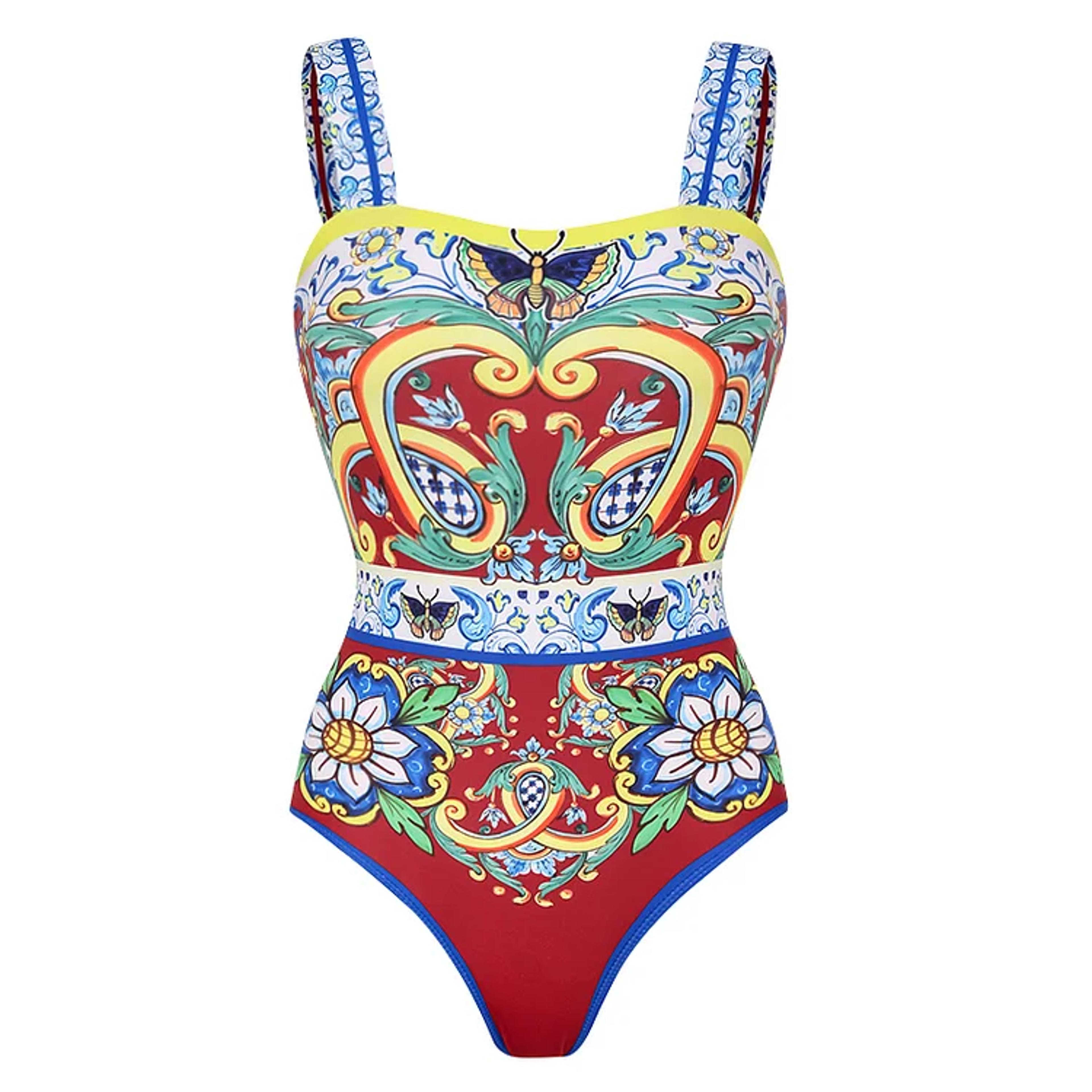 Vintage Pattern Printed One Piece Swimsuit Swimwear Bikini Set For Women 1