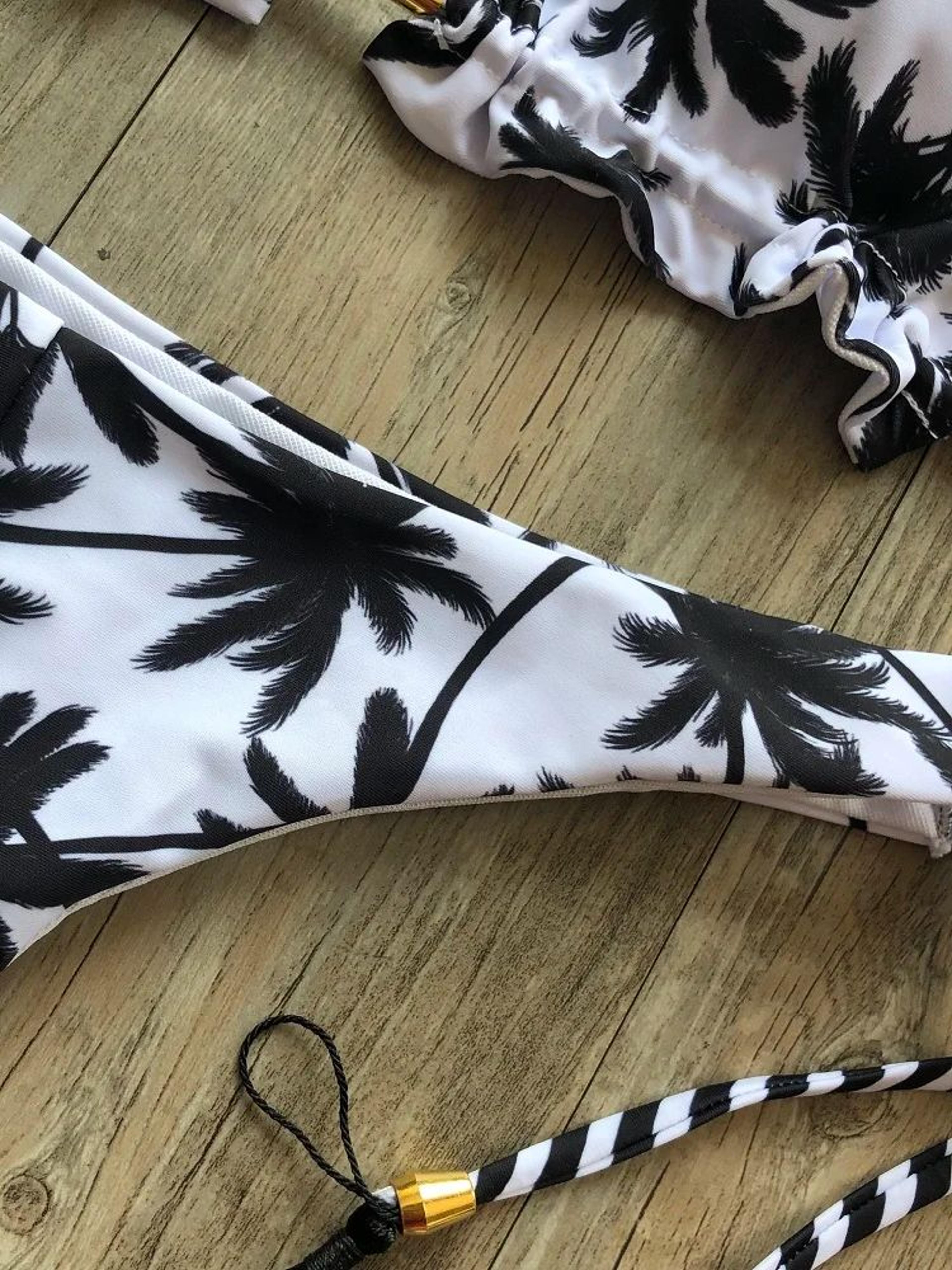 Sexy Black And White Coconut Tree Bikini Set Women Triangle Halter Swimsuit Brazilian Style Bathing 2