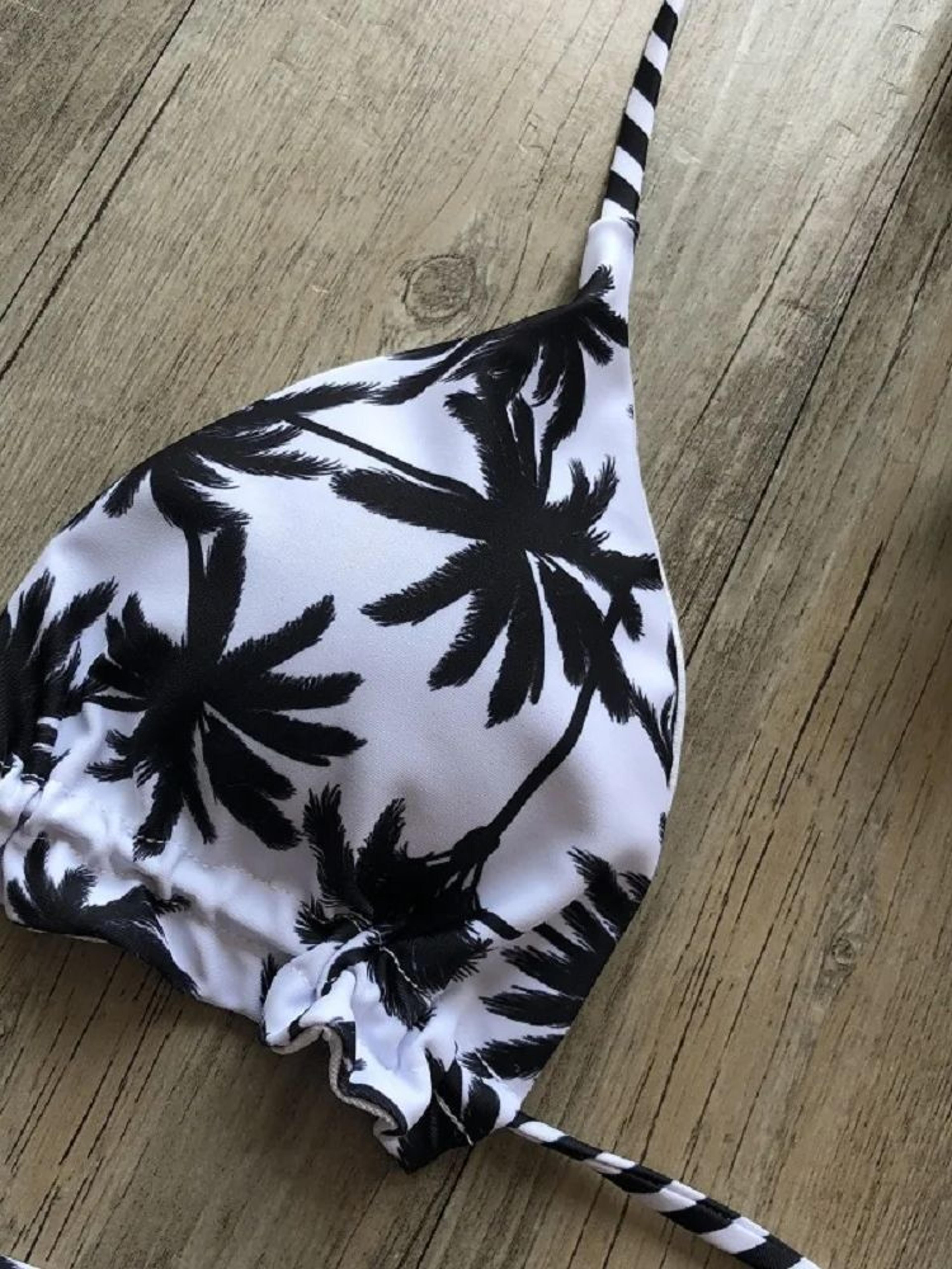 Sexy Black And White Coconut Tree Bikini Set Women Triangle Halter Swimsuit Brazilian Style Bathing 3