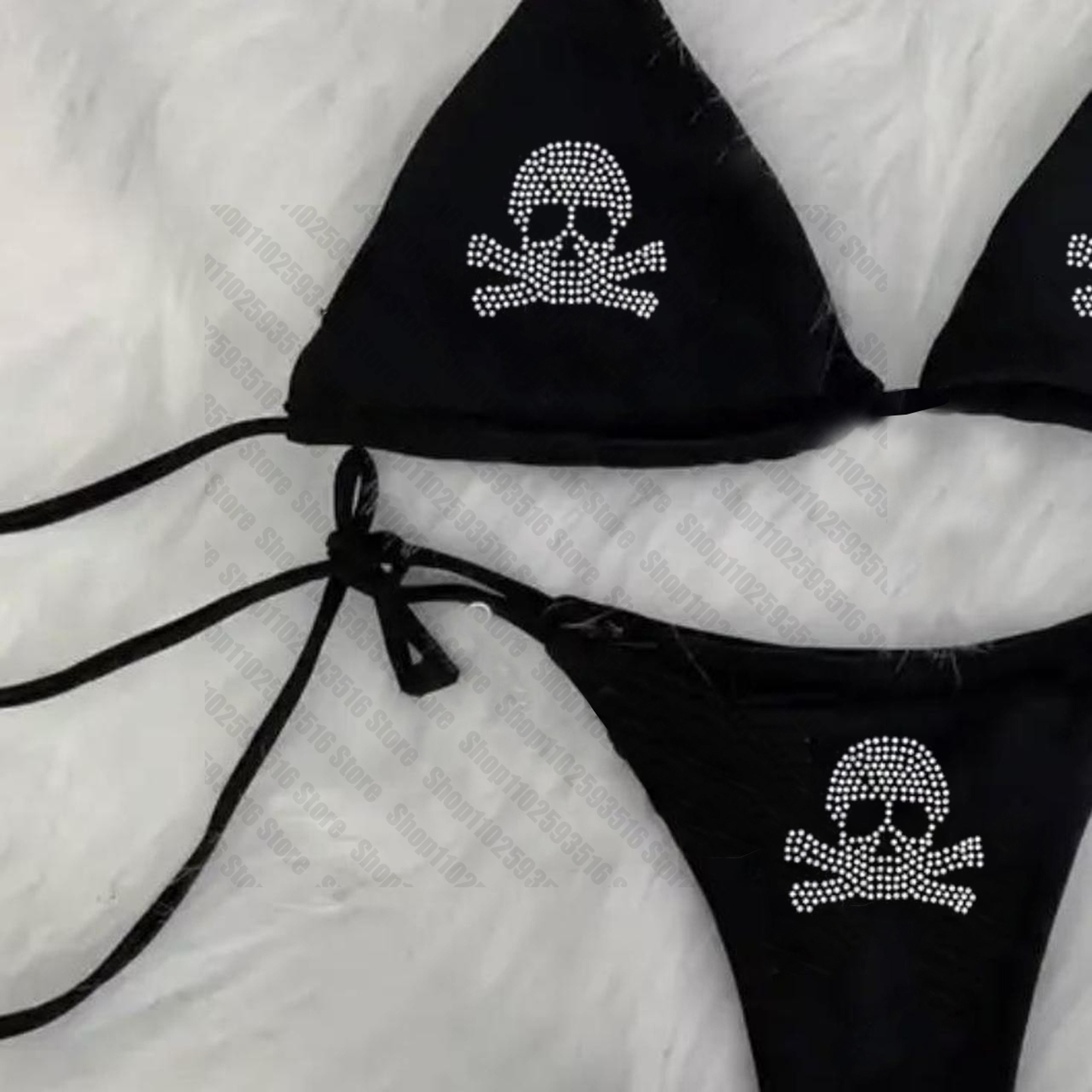 Rhinestones Skull Bikini Set Emo Swimsuit Sexy Print Padded Bra Two Pieces Swimwear Beachwear Bathi 1