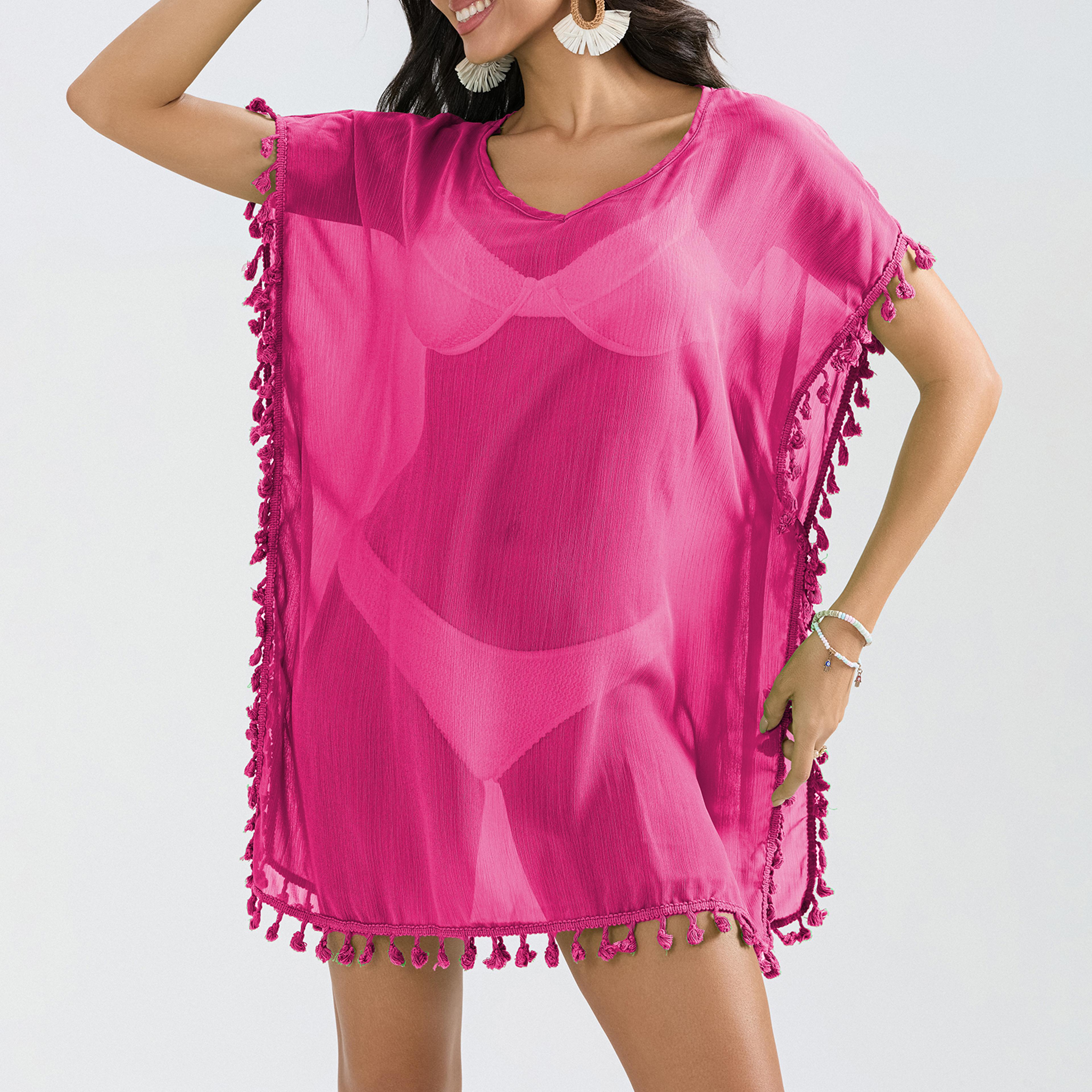Tassel Trim Bikini Cover Up Beach Dress Women SeeThrough Summer Swimsuit Mini Dress Coverups Sunscr 5