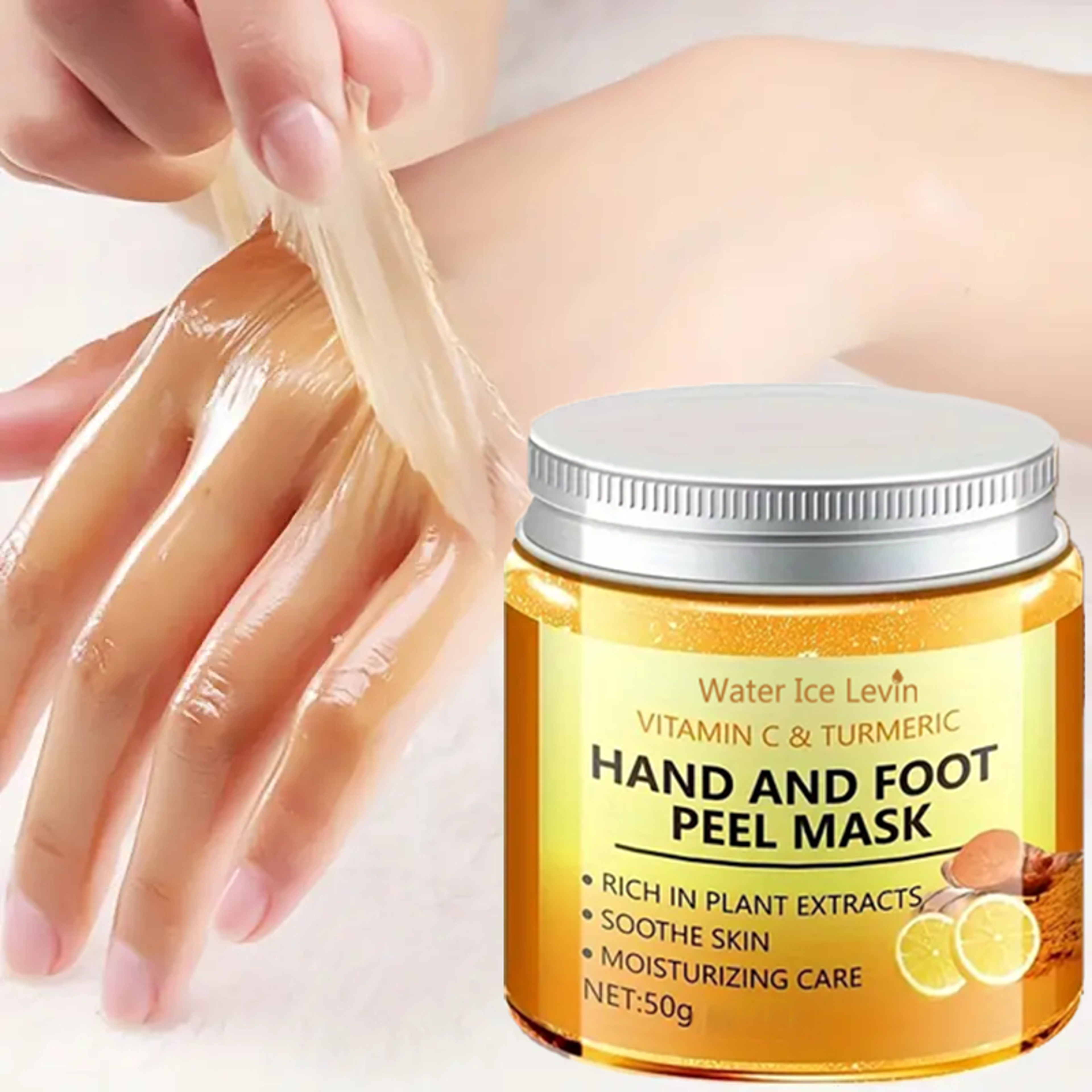 gently cleansing hand mask, vitamin c and turmeric wax, illuminating skin for hands and feet