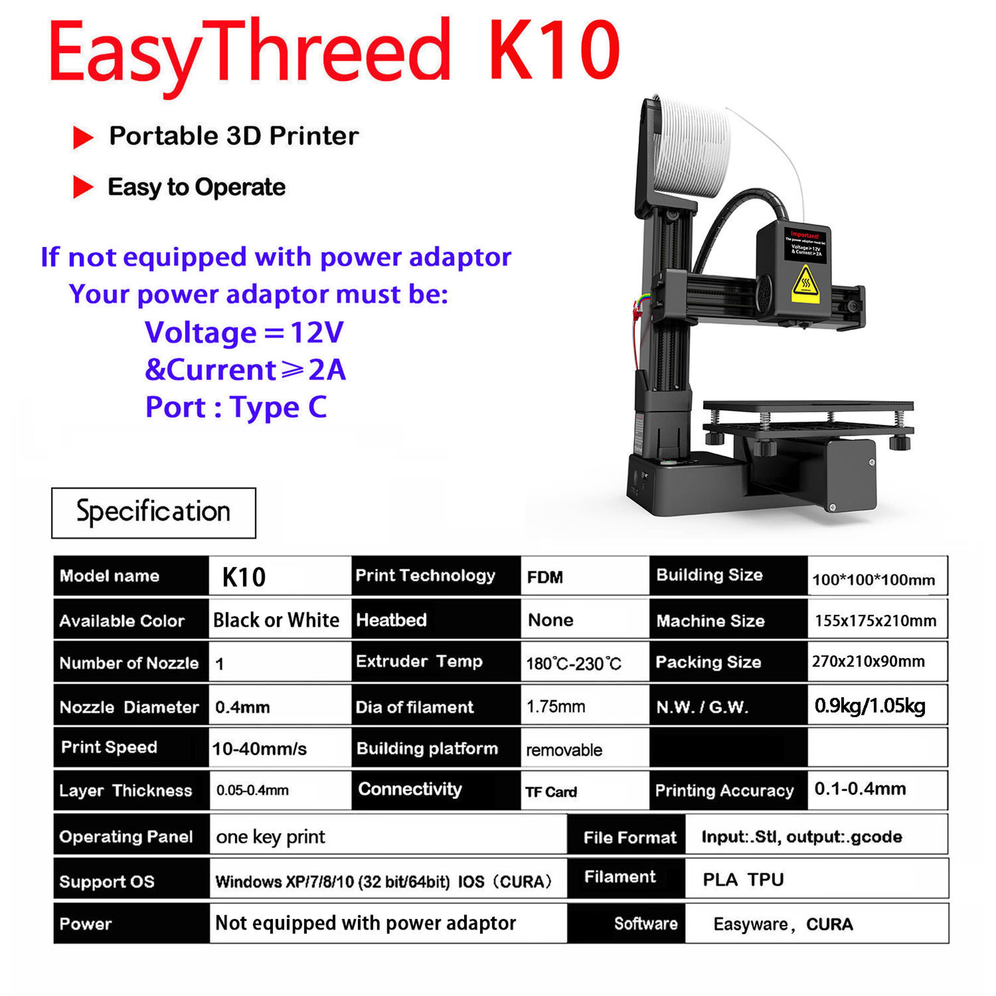 Entry Level EasyThreed Printer Compatible With PLA TPU Filament Power Adaptor Included 1