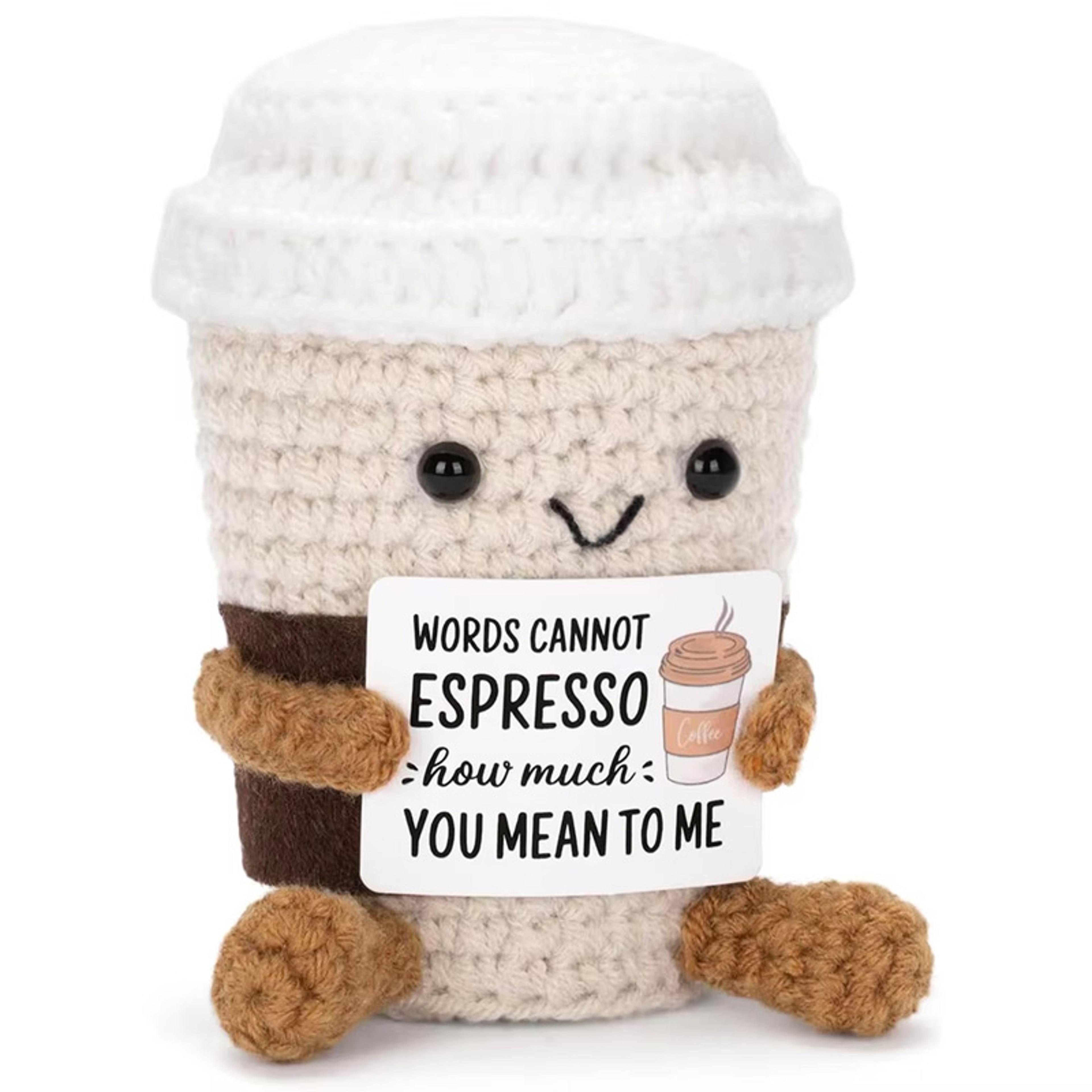 handmade crochet ornaments with positive card, funny coffee emotional support, cheer up gift for best friend