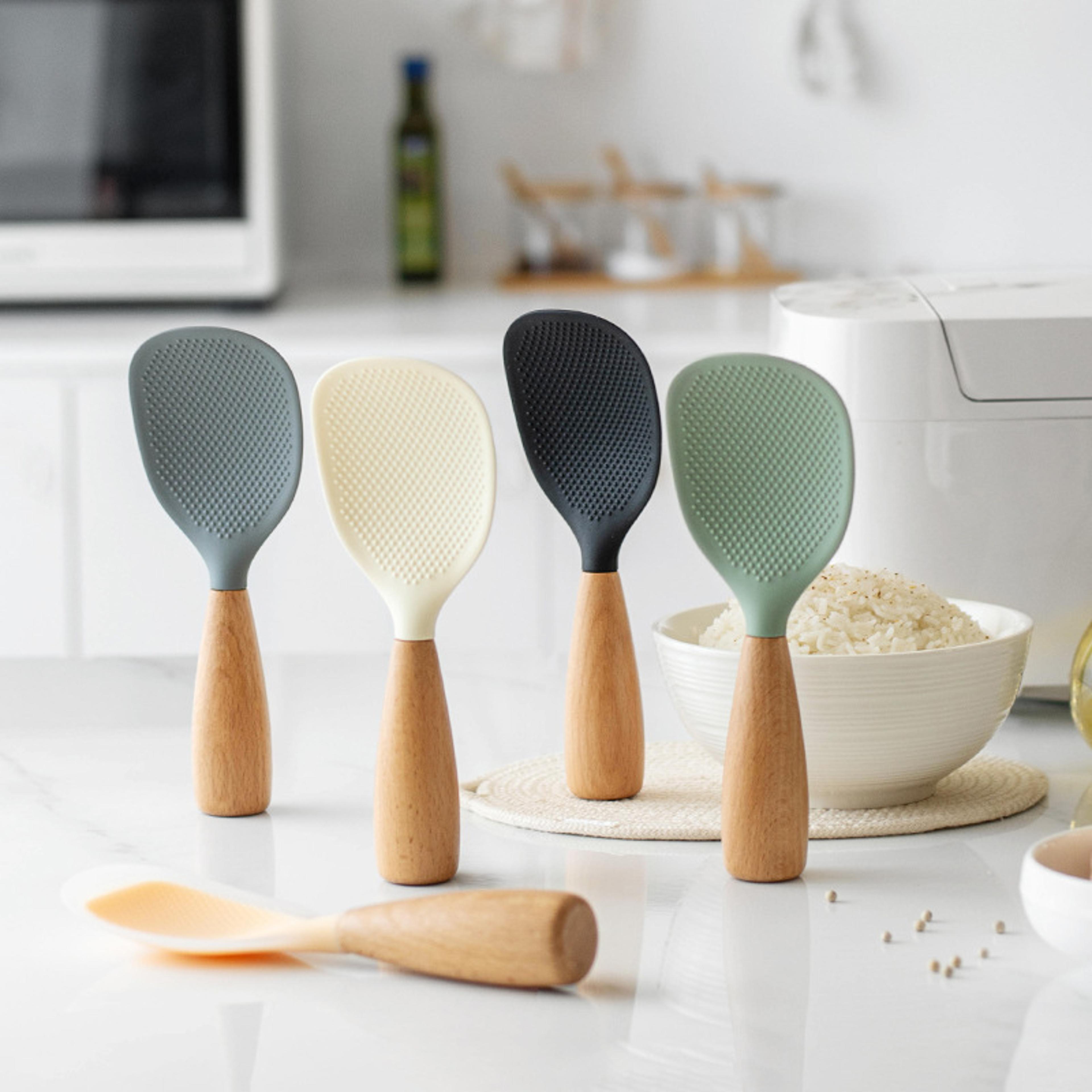 household rice cooker wooden handle silicone rice spoon, non stick high temperature resistant spoon