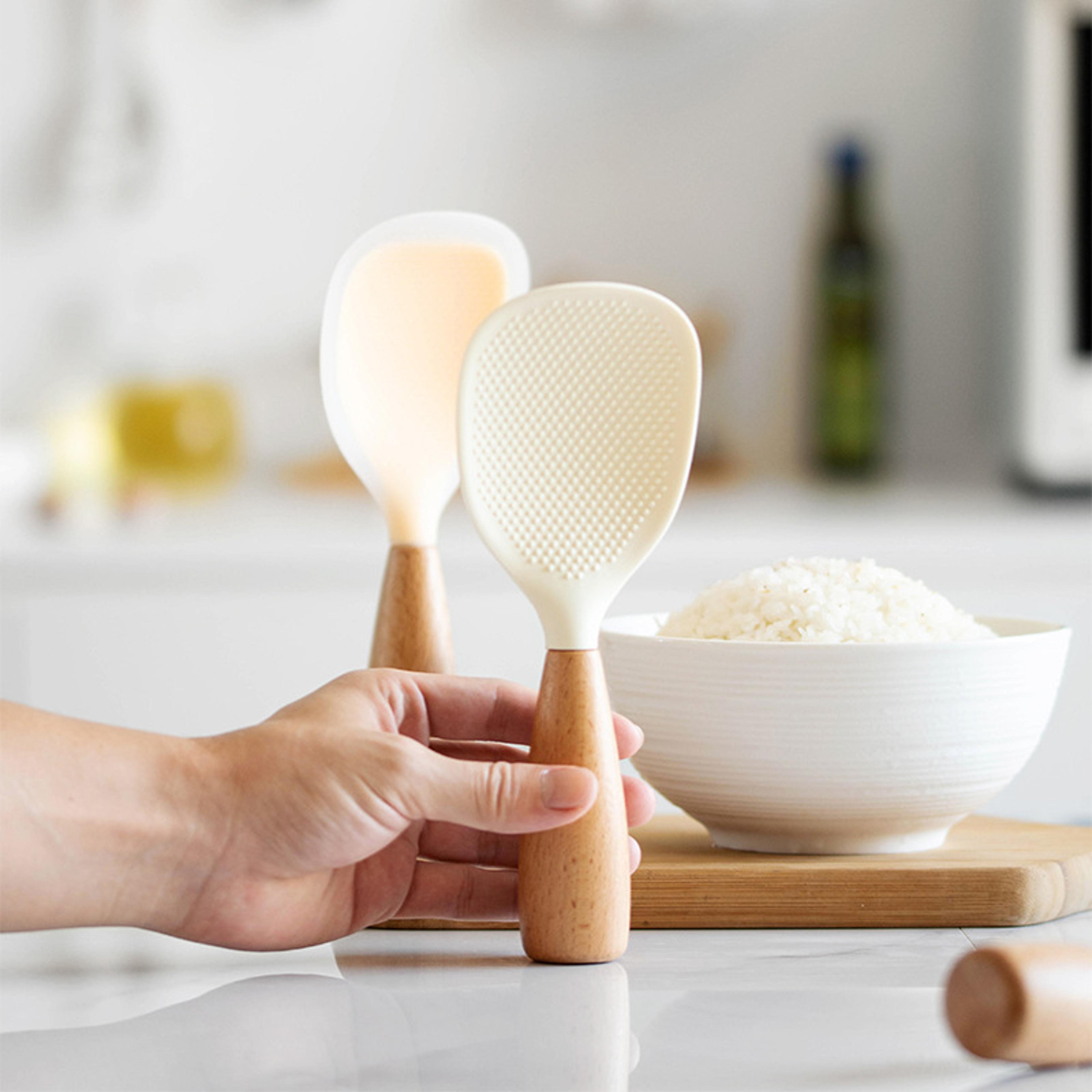 Household Rice Cooker Wooden Handle Silicone Rice Spoon Non Stick High Temperature Resistant Spoon 1
