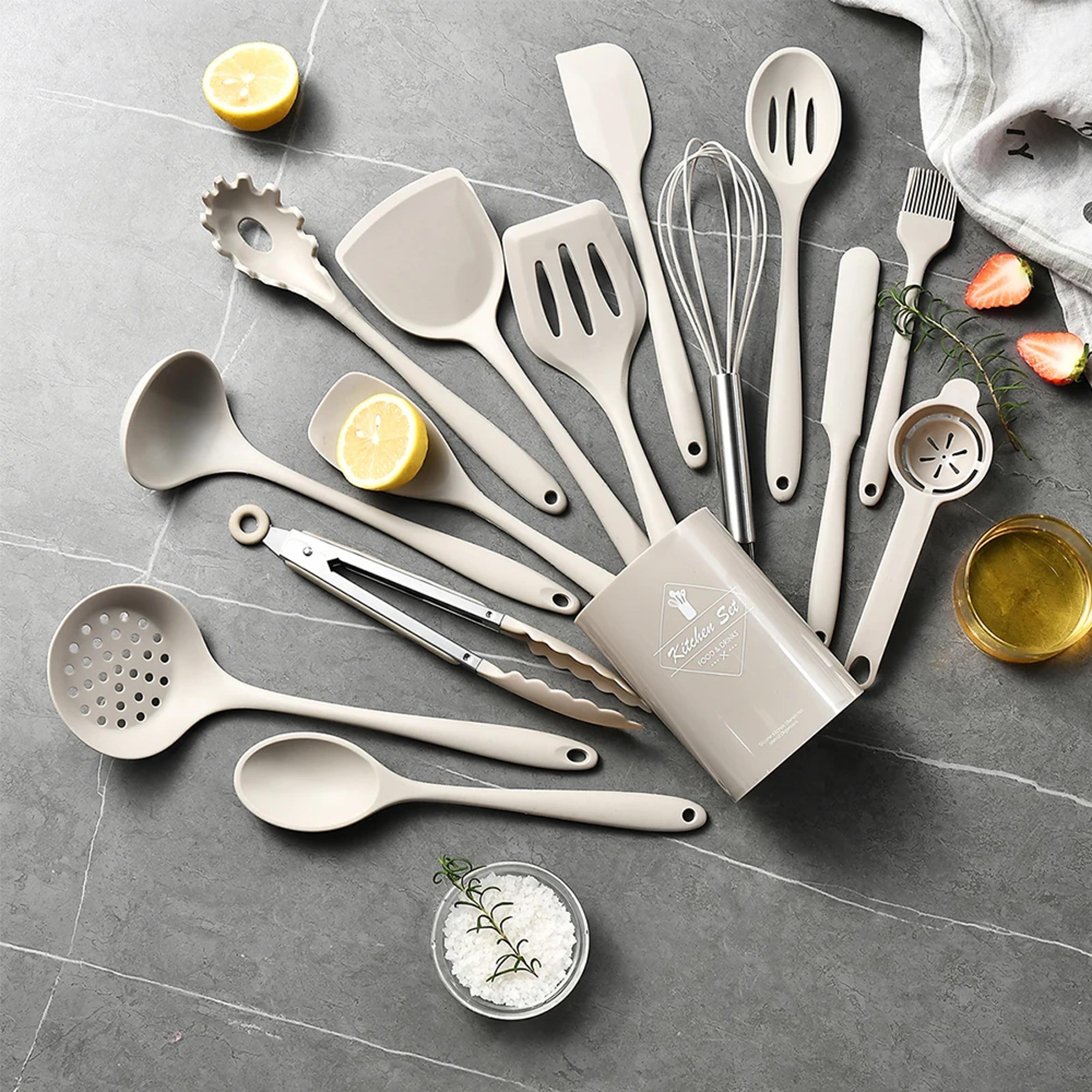 silicone kitchenware set, khaki turner spatula, soup spoon & cooking tools, food grade utensils for cooking and serving