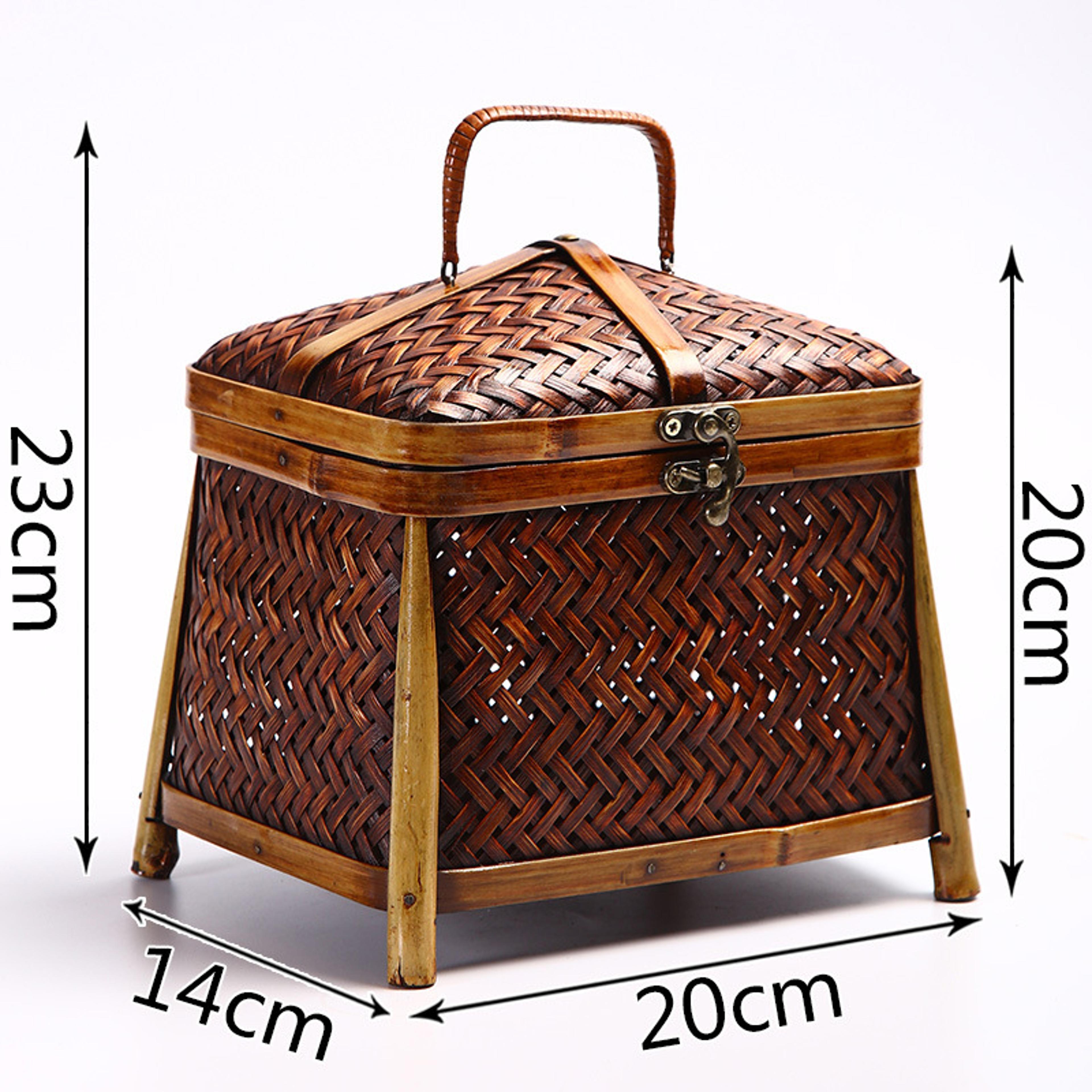 Antique Tea Set Organizer Handmade Vintage Bamboo Woven Storage Box With Lid Cosmetic Jewelry Decor 7
