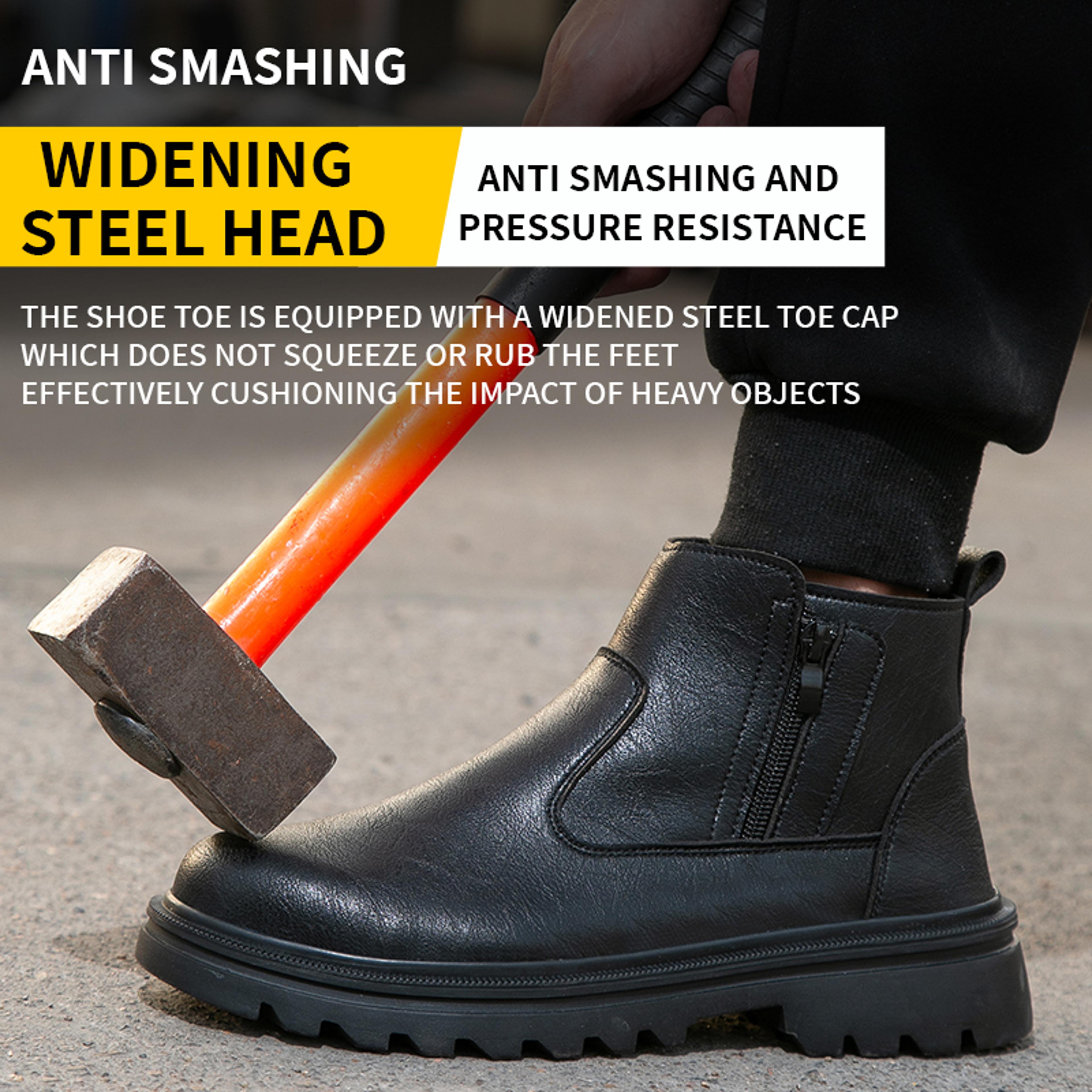 Men Brown Leather Steel Toe Boots Safety Work Protection Shoes PunctureProof Side Zipper Design 3