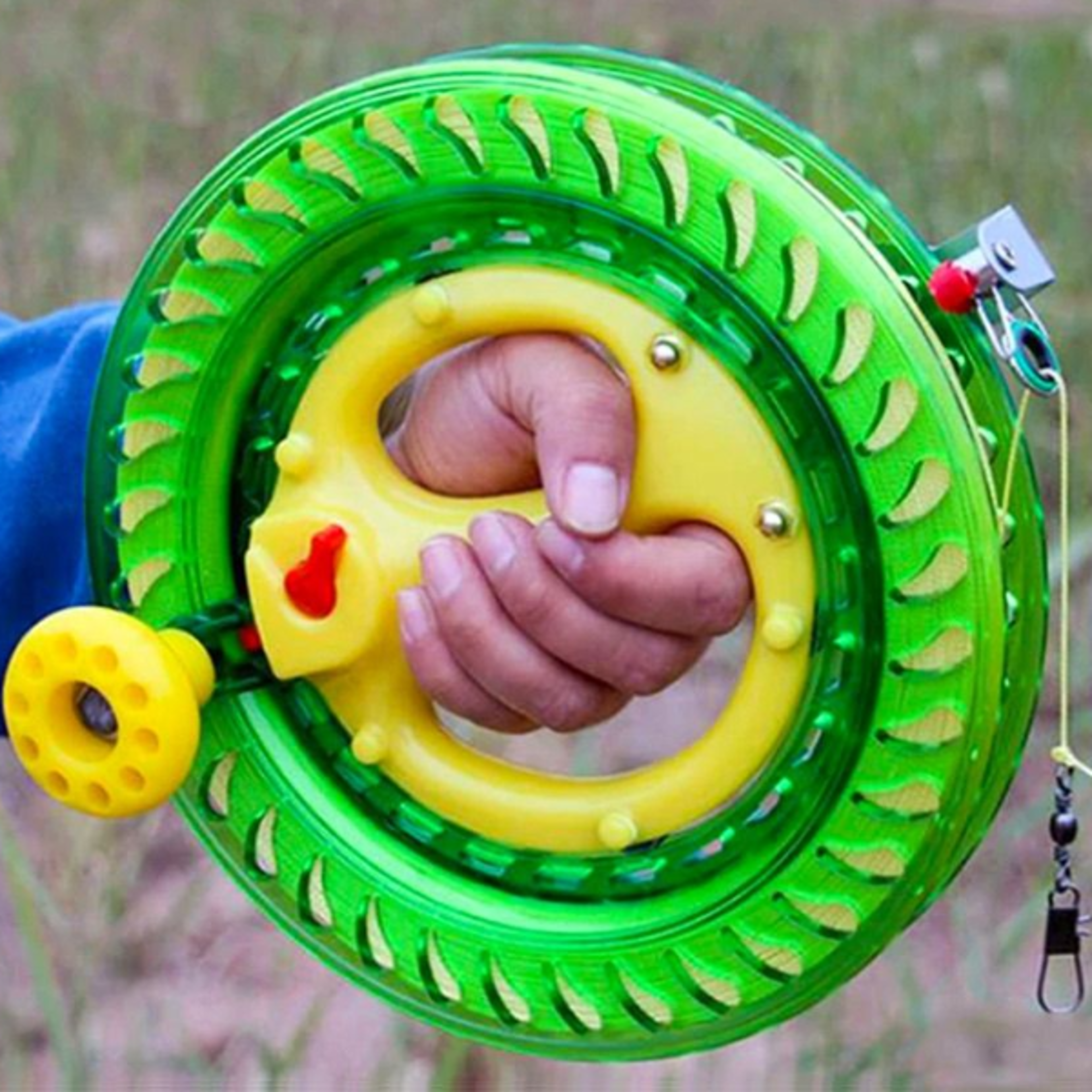 outdoor kite reel winder, twisted string line handle tool with blue grip, fire wheel for flying kites