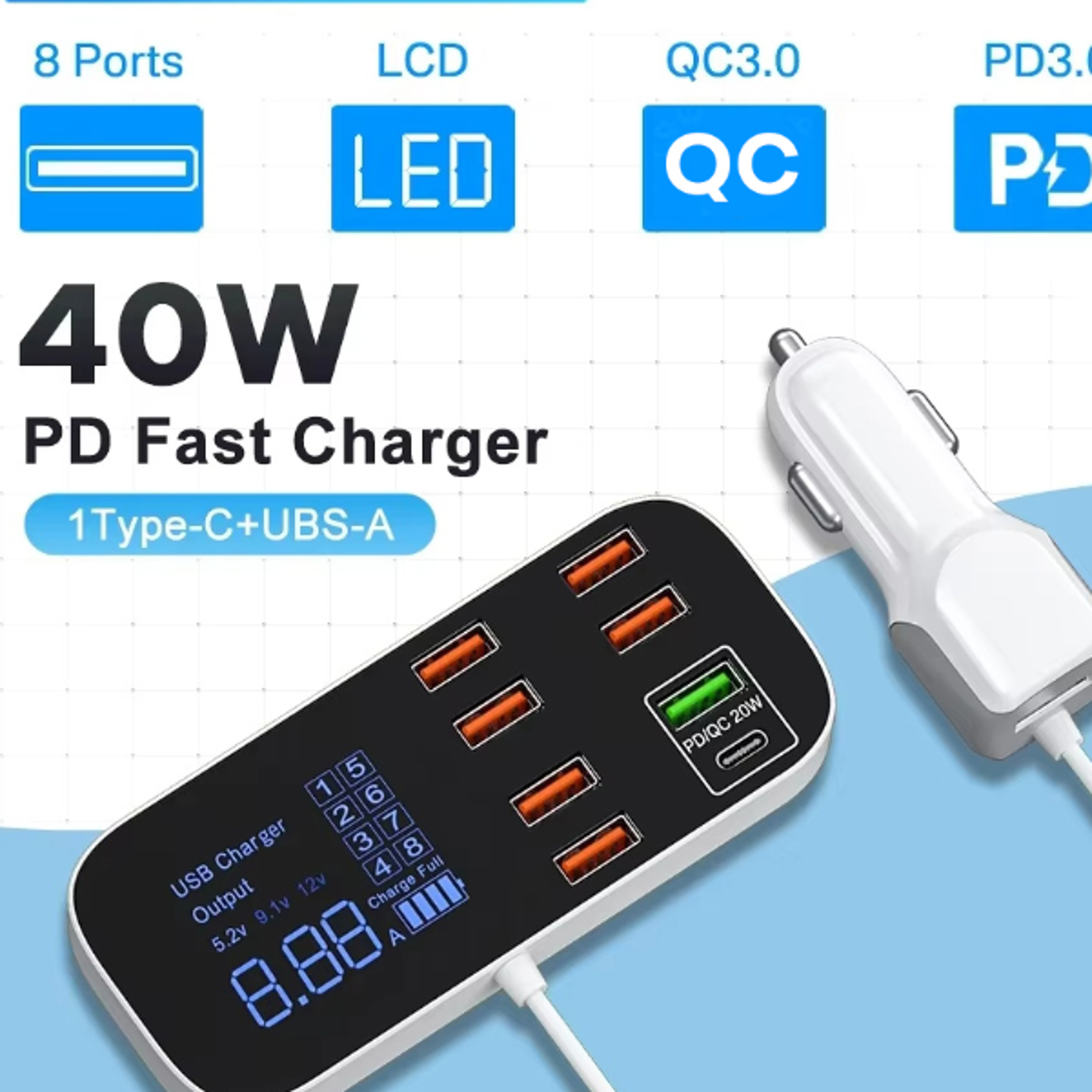 er QC30 PD Type C Fast Phone Charger with LED Display Multi USB Charger for iPhone 14 Android Samsu