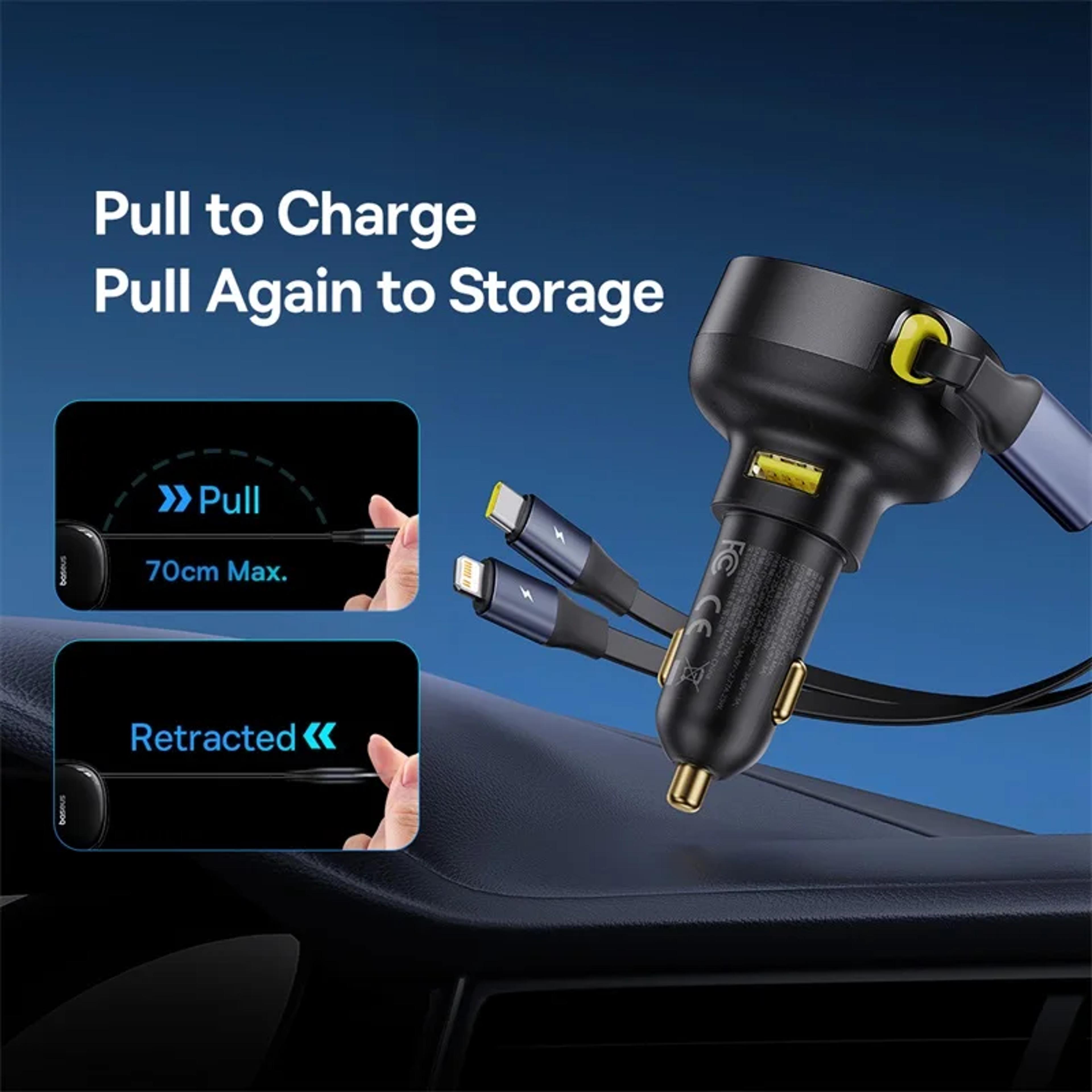 Dual Retractable Cable Car Phone Charger For Samsung IPhone Xiaomi Charger TypeC USB PD QC PPS Fast 1