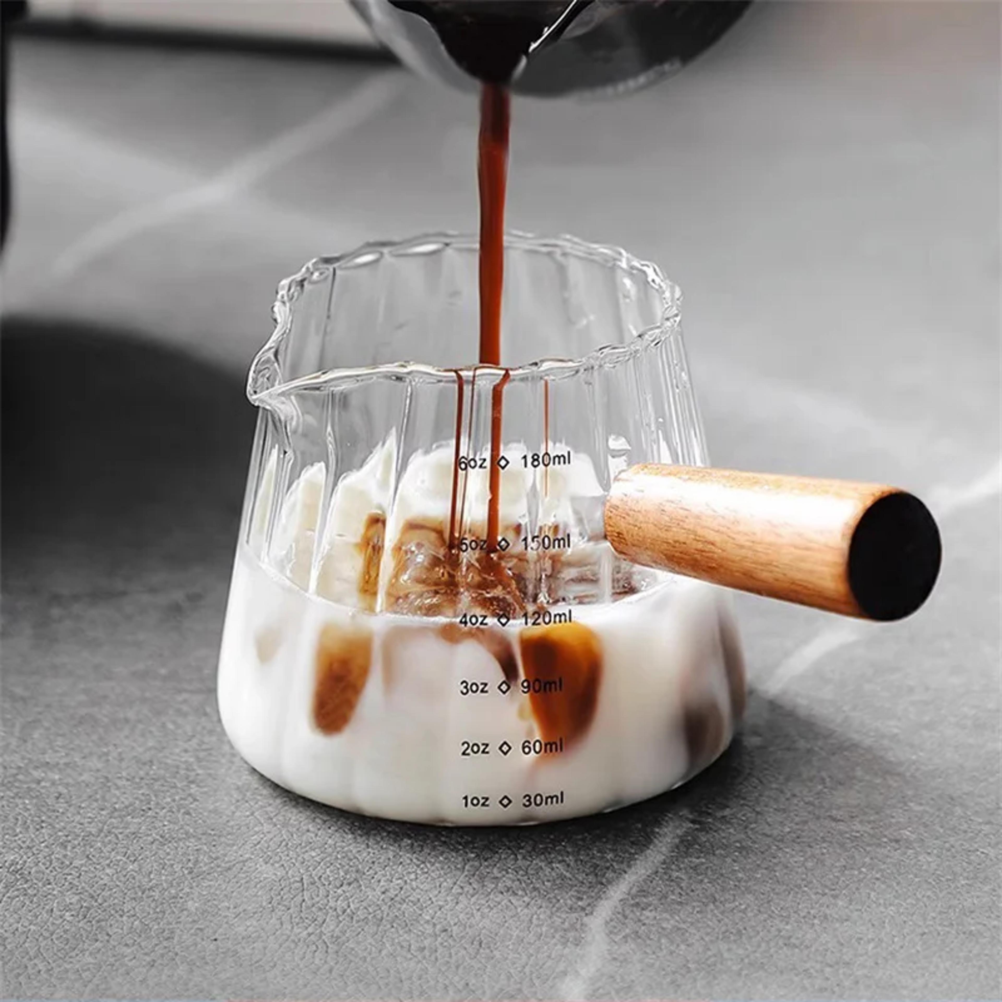 glass measuring cup with wood handle, vertical grain coffee extraction mug with scale, milk jug measure