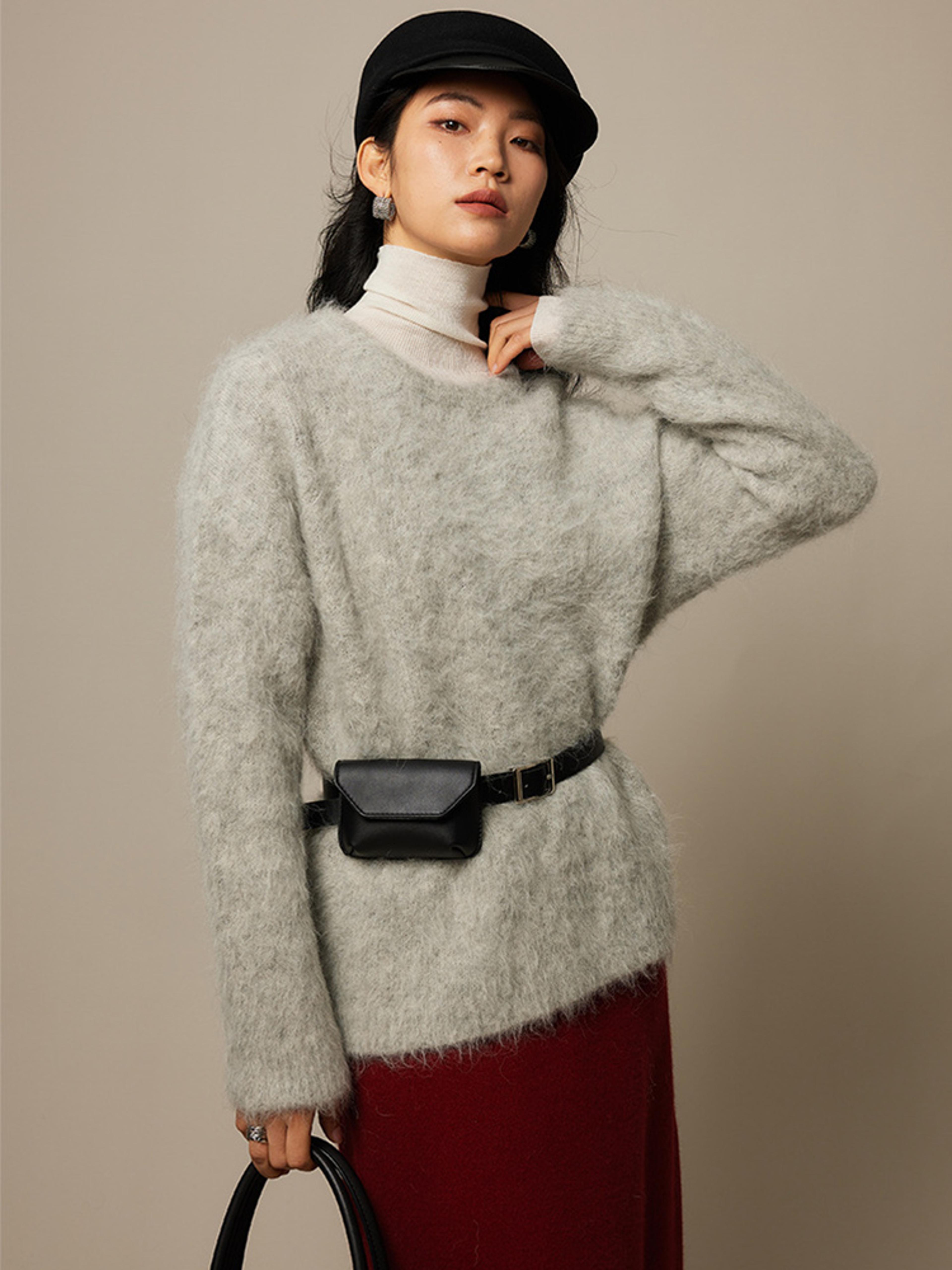 Dropped Sleeved Loose Sweaters Warm Alpaca Pullovers For Women Camel Beige Winter Fall Top 8