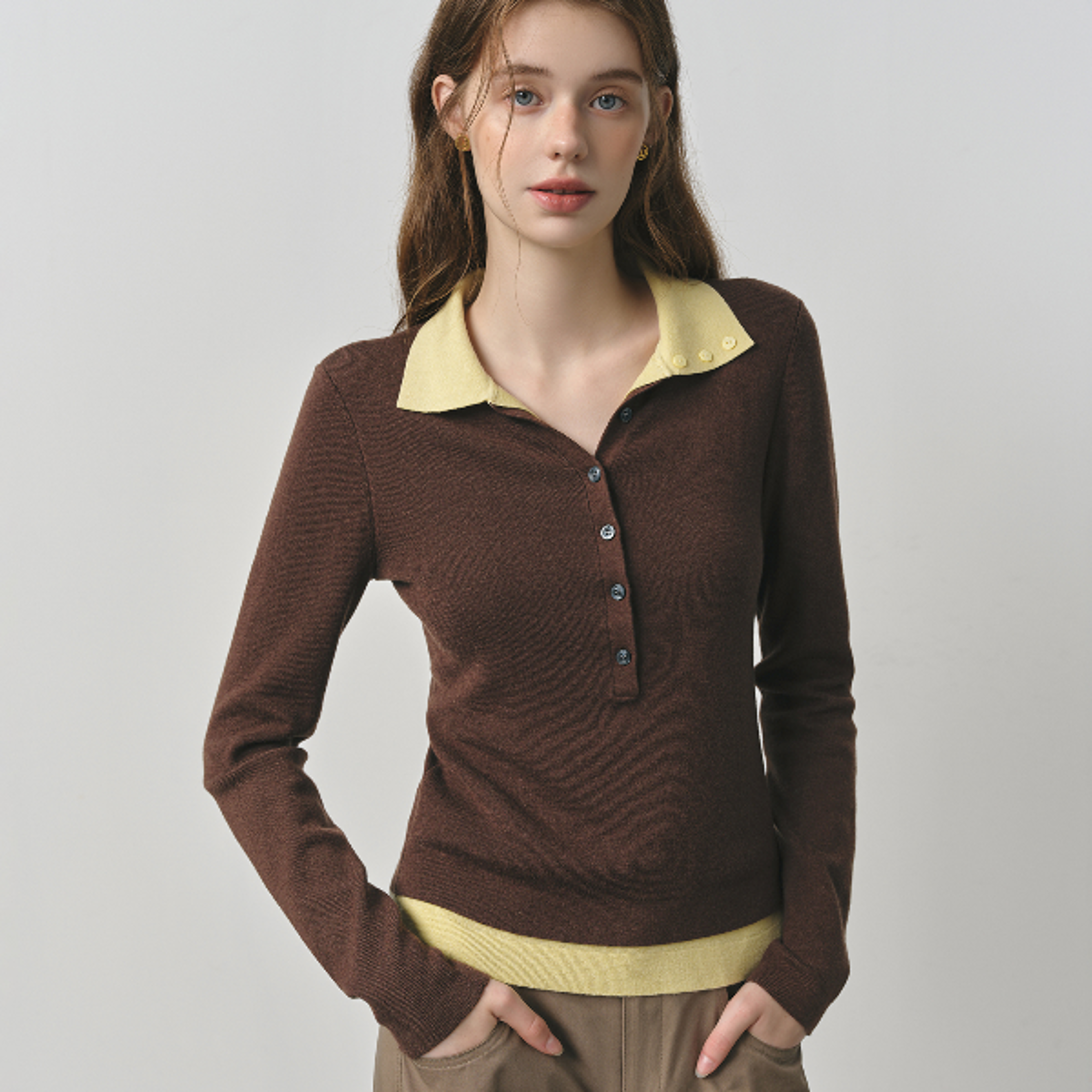 ns Knitted Sweater Color Block Barenia Style Fake TwoPieces Turn Collar Vintage Cozy Cable Knit To